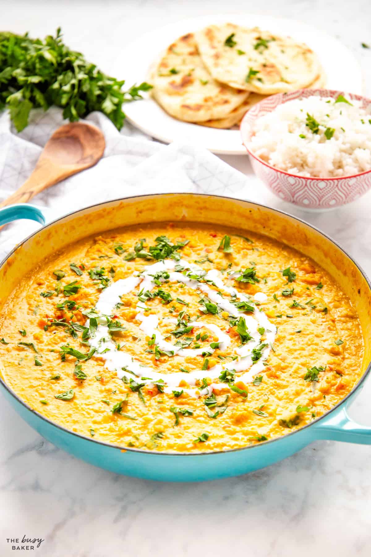easy lentil curry in turquoise pan