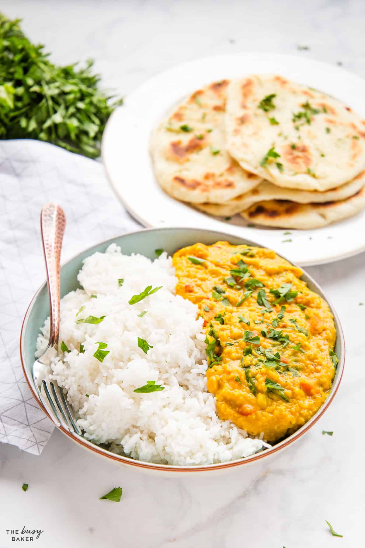 bowl of lentil curry with rice