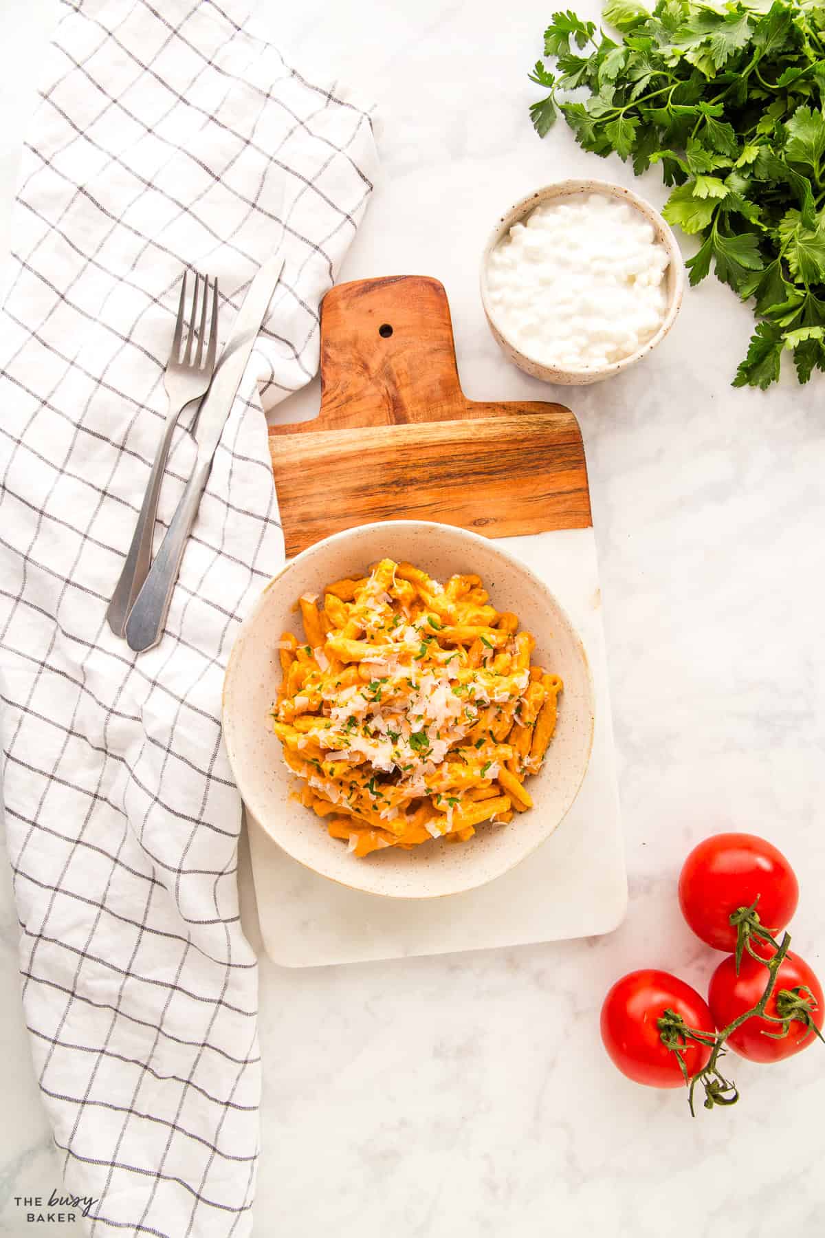 overhead image: bowl of protein pasta