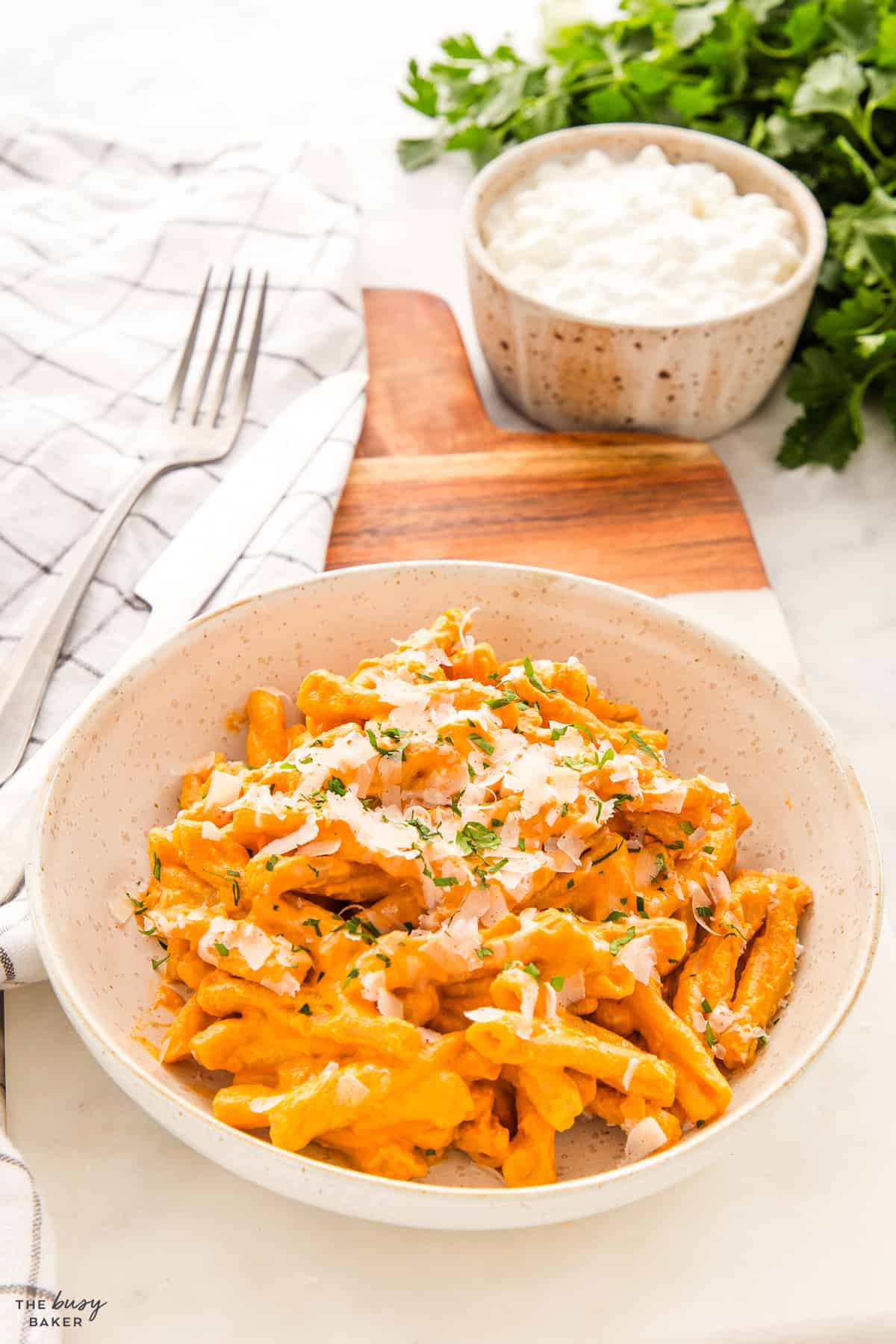 bowl of protein pasta with parmesan cheese