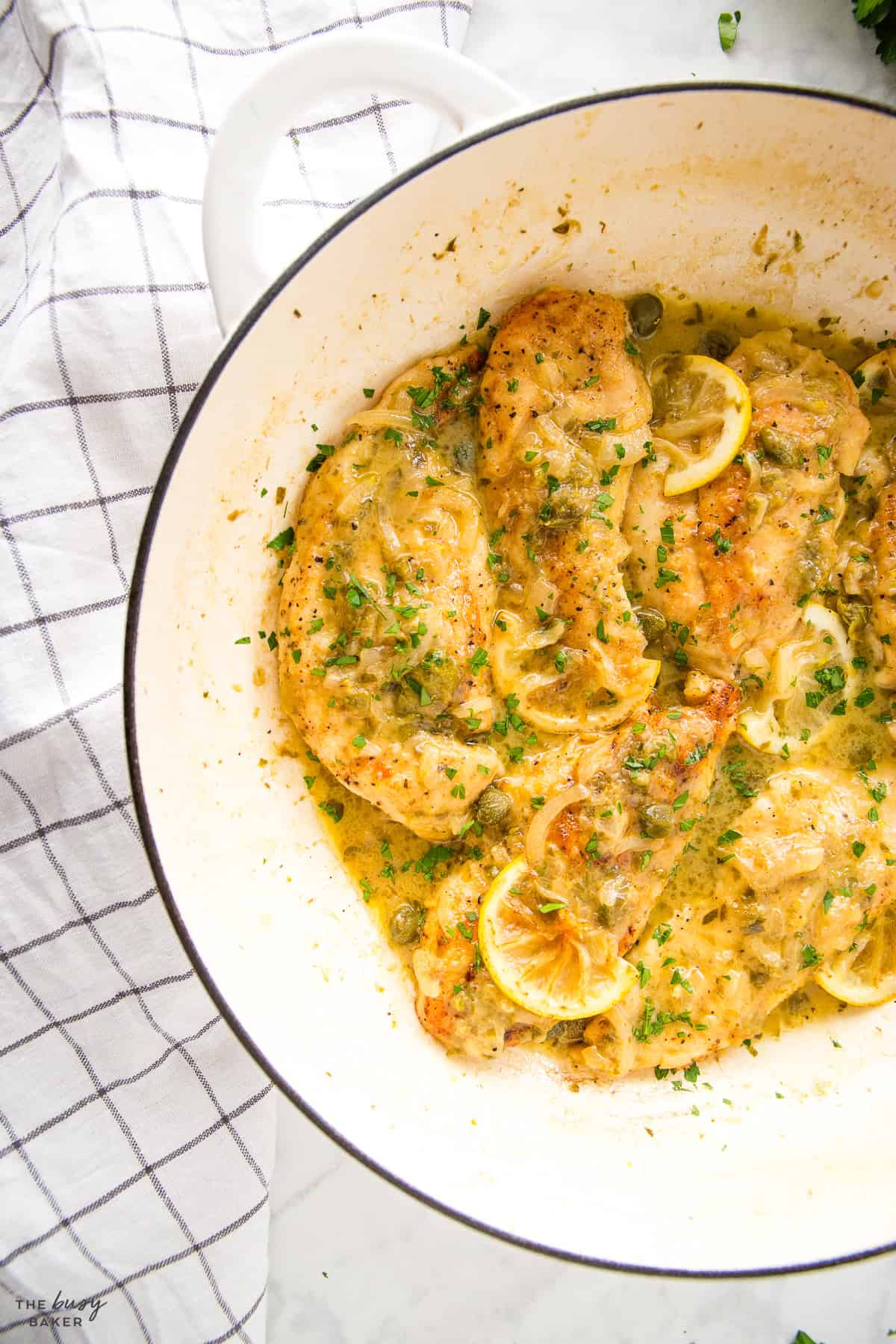 overhead image: lemon chicken piccata
