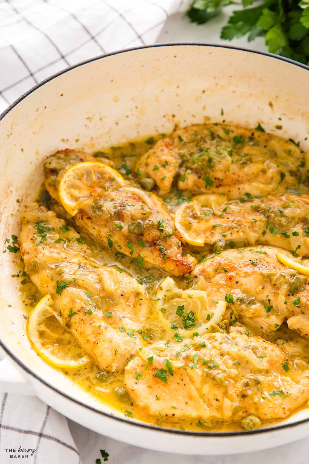 pan of lemon chicken piccata