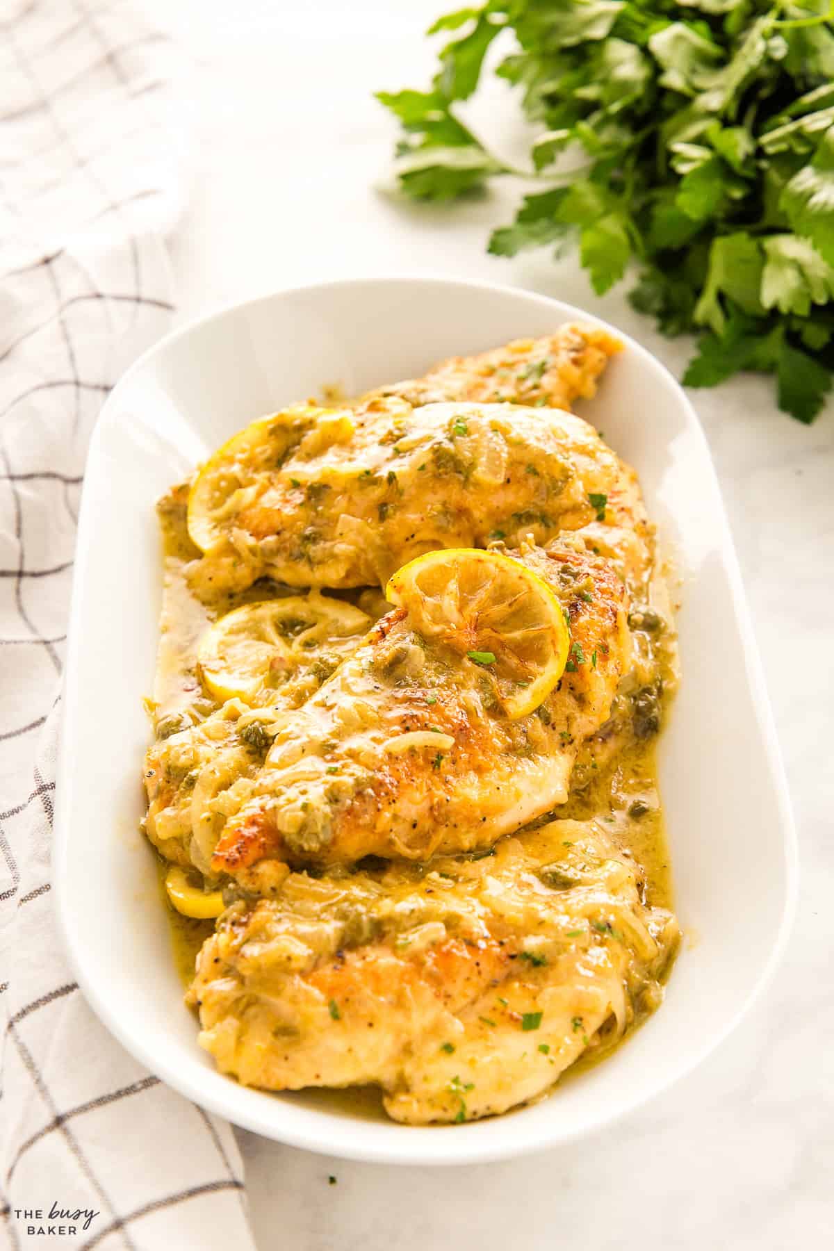 chicken piccata on a platter