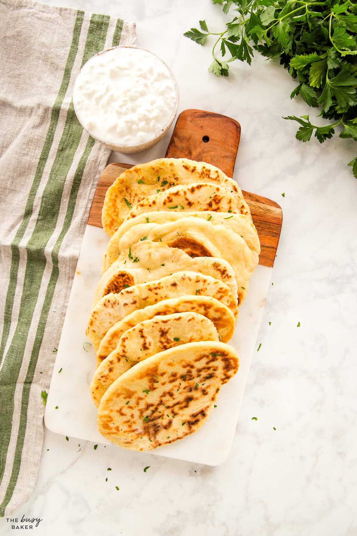 overhead image: stack of cottage cheese flatbreads