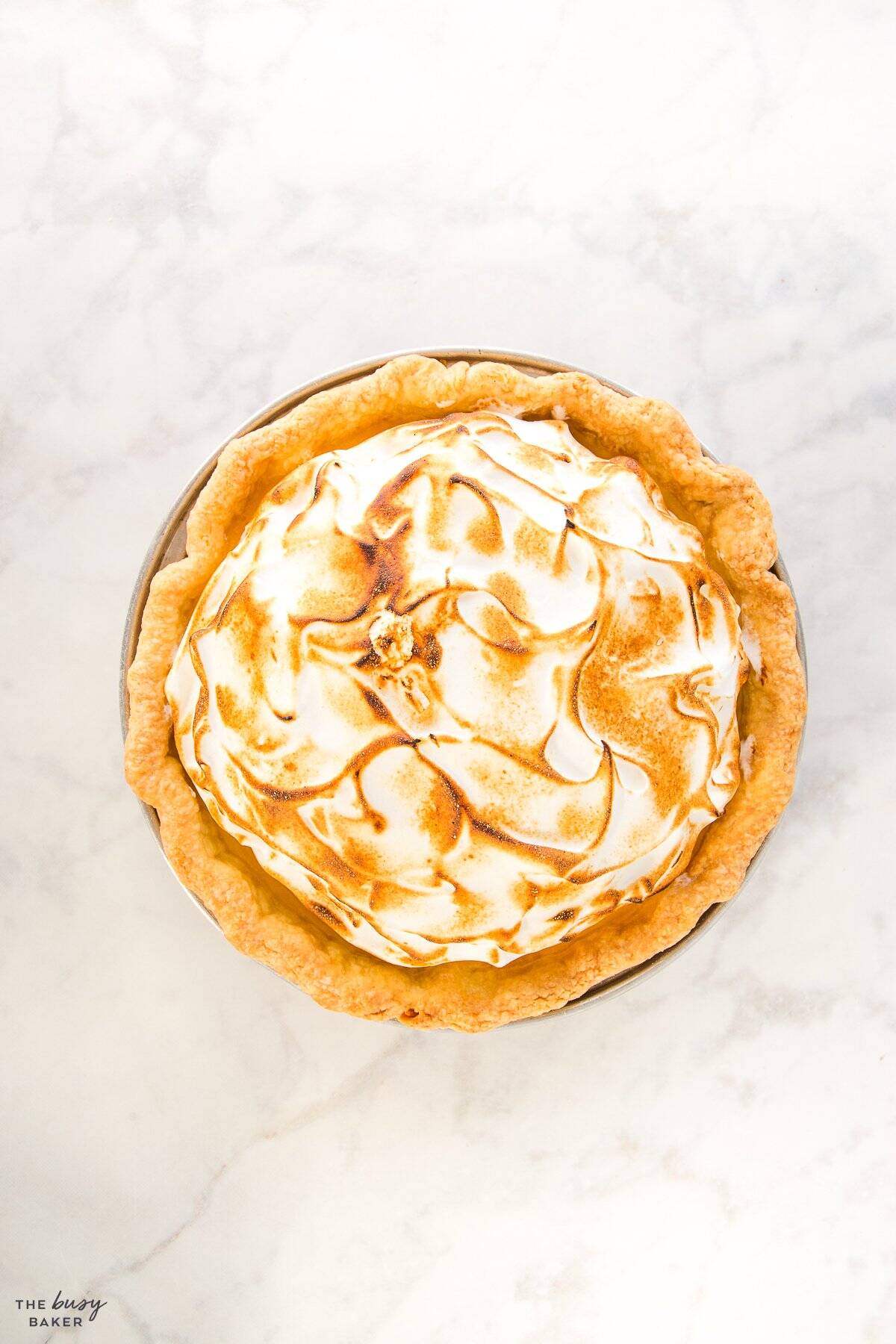 overhead image: toasty meringue inside a homemade pie crust