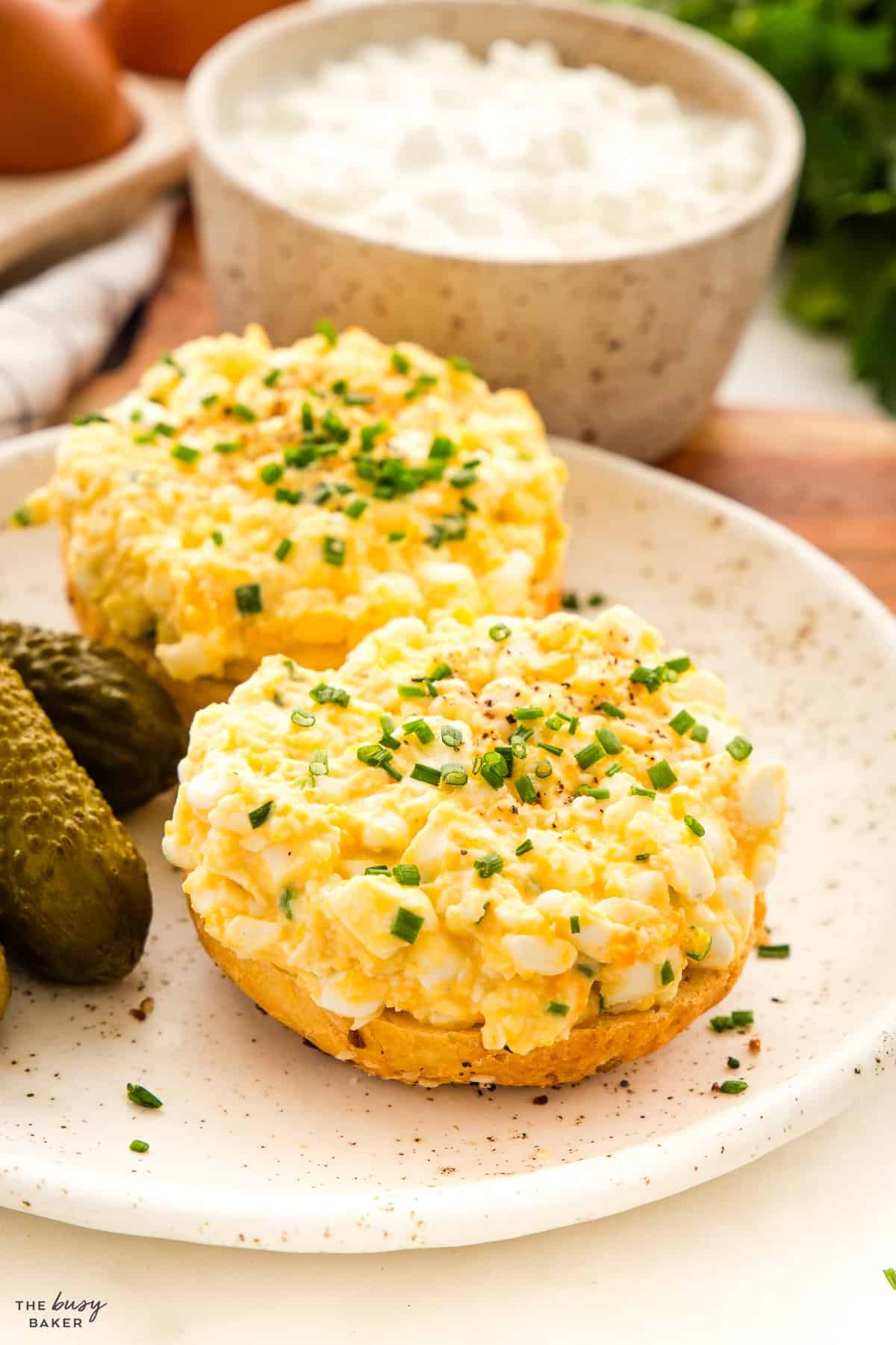 protein egg salad on bagels with chives