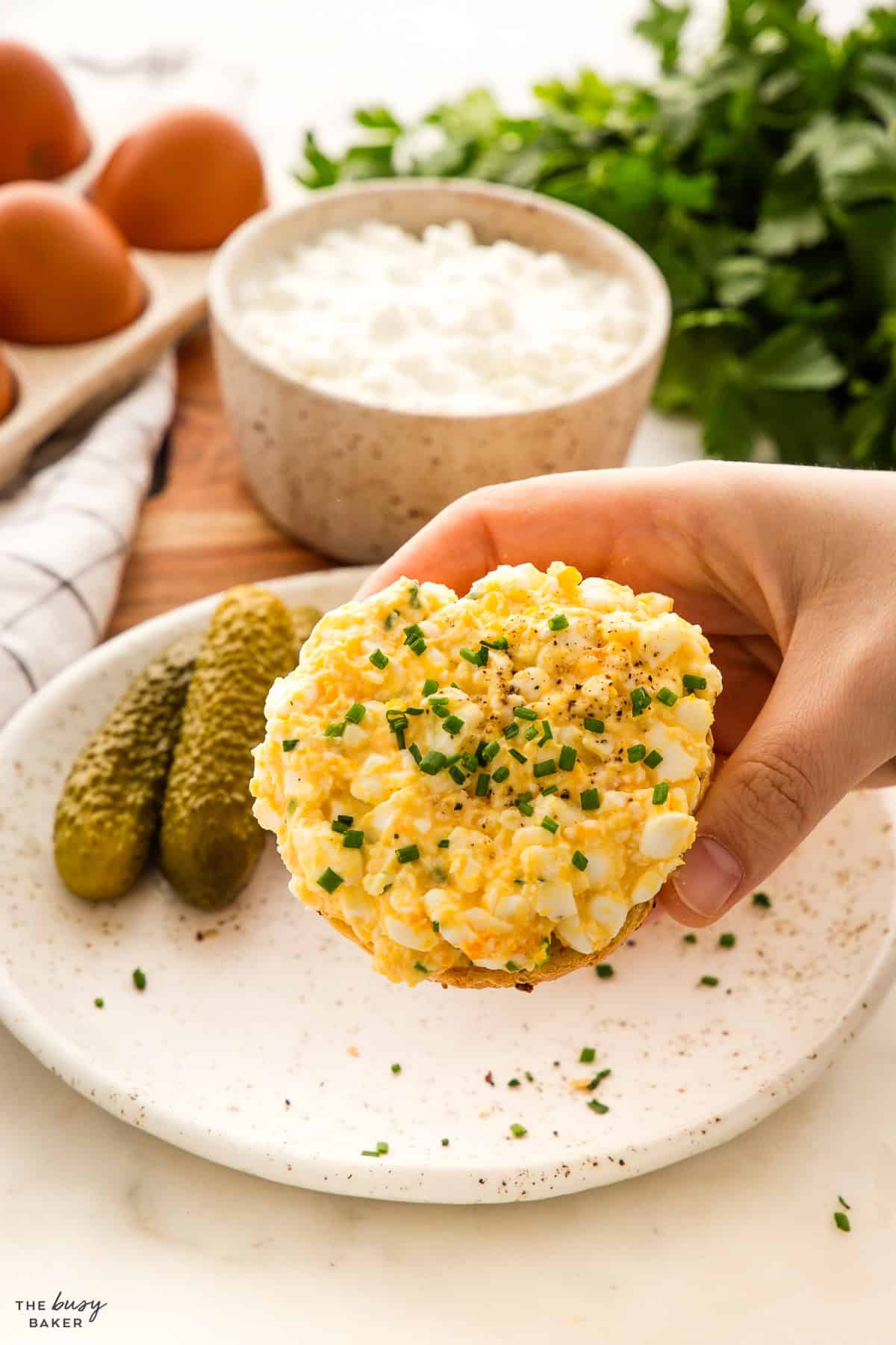 protein egg salad on bagels with chives