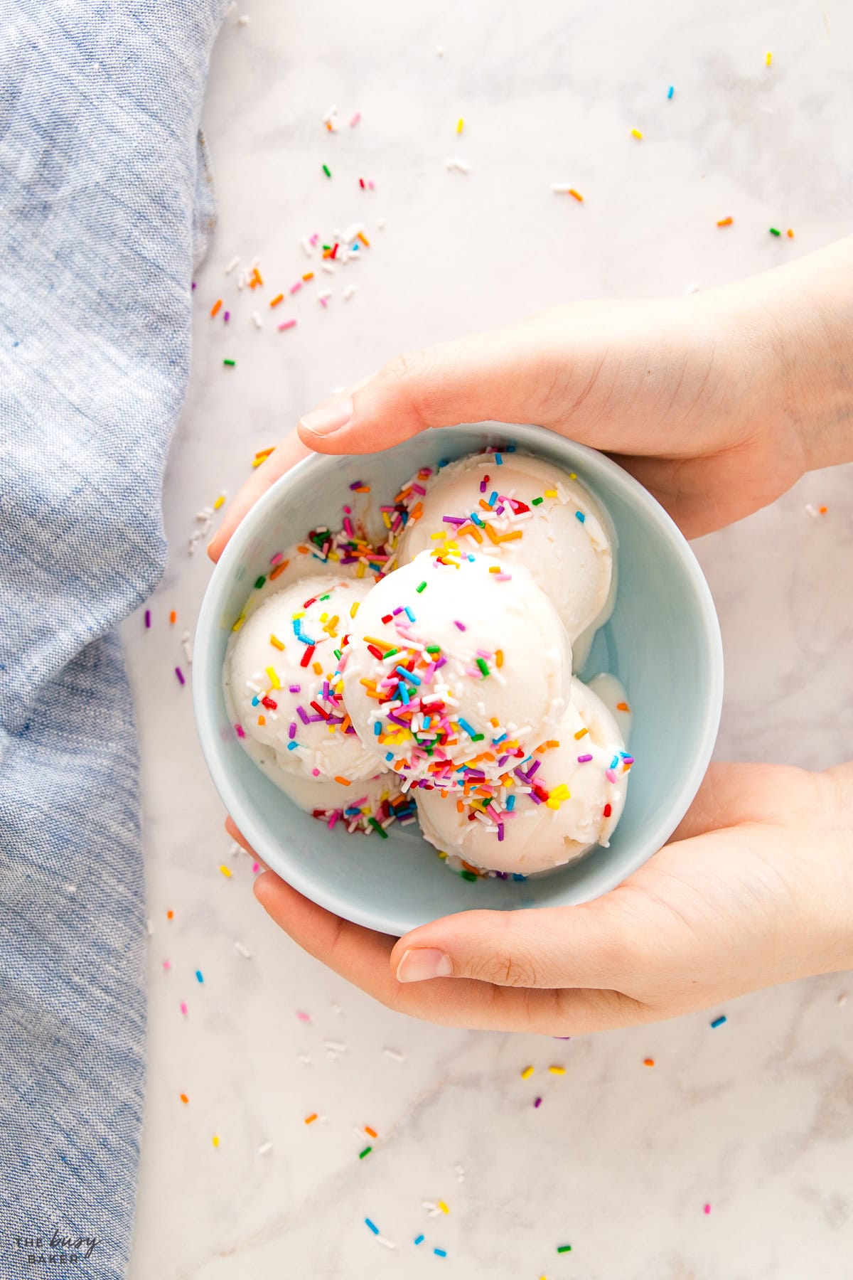 protein ice cream made with cottage cheese in a blue bowl
