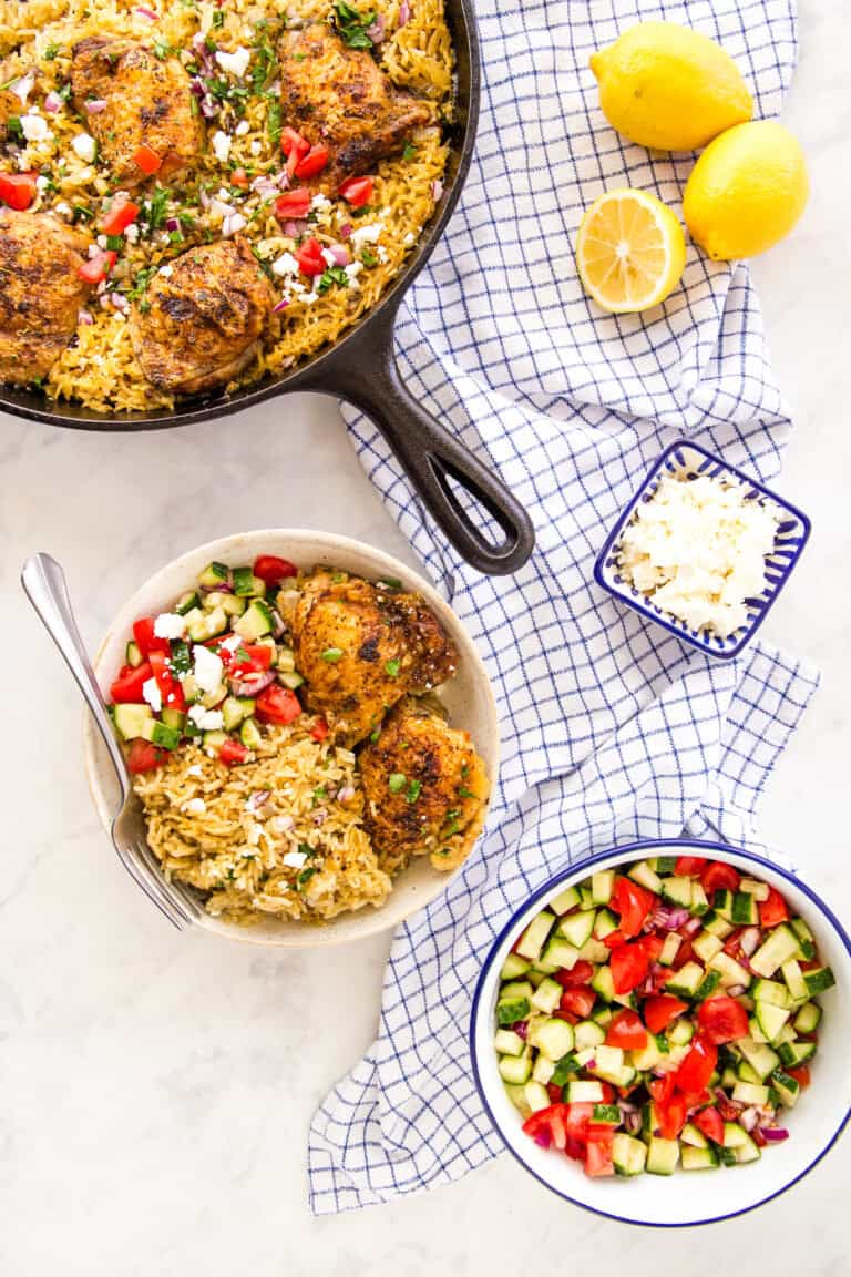 One Pan Greek Chicken and Lemon Rice - The Busy Baker