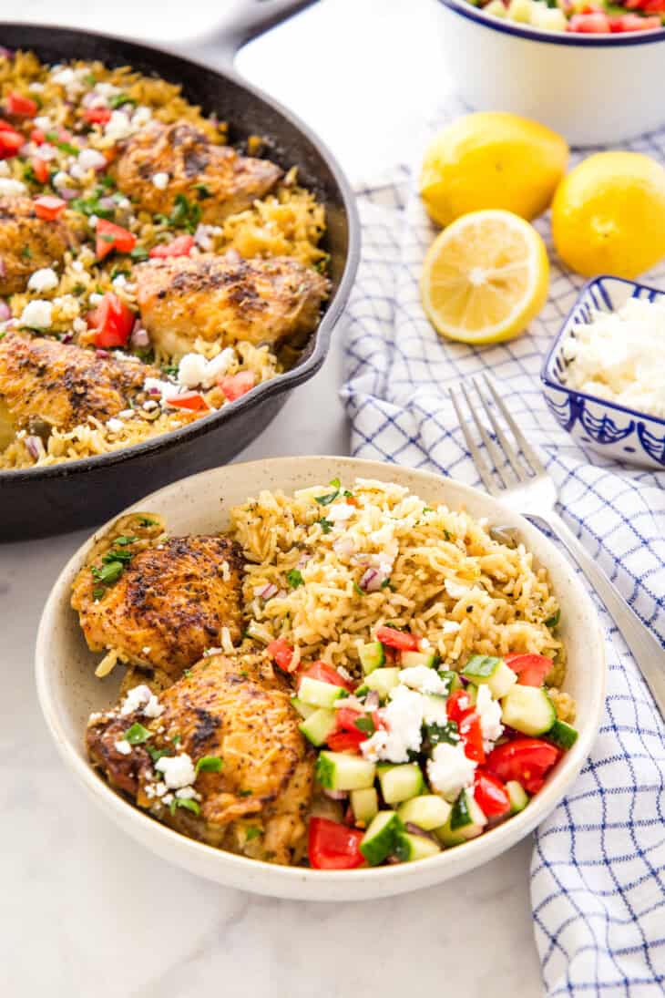 One Pan Greek Chicken and Lemon Rice - The Busy Baker