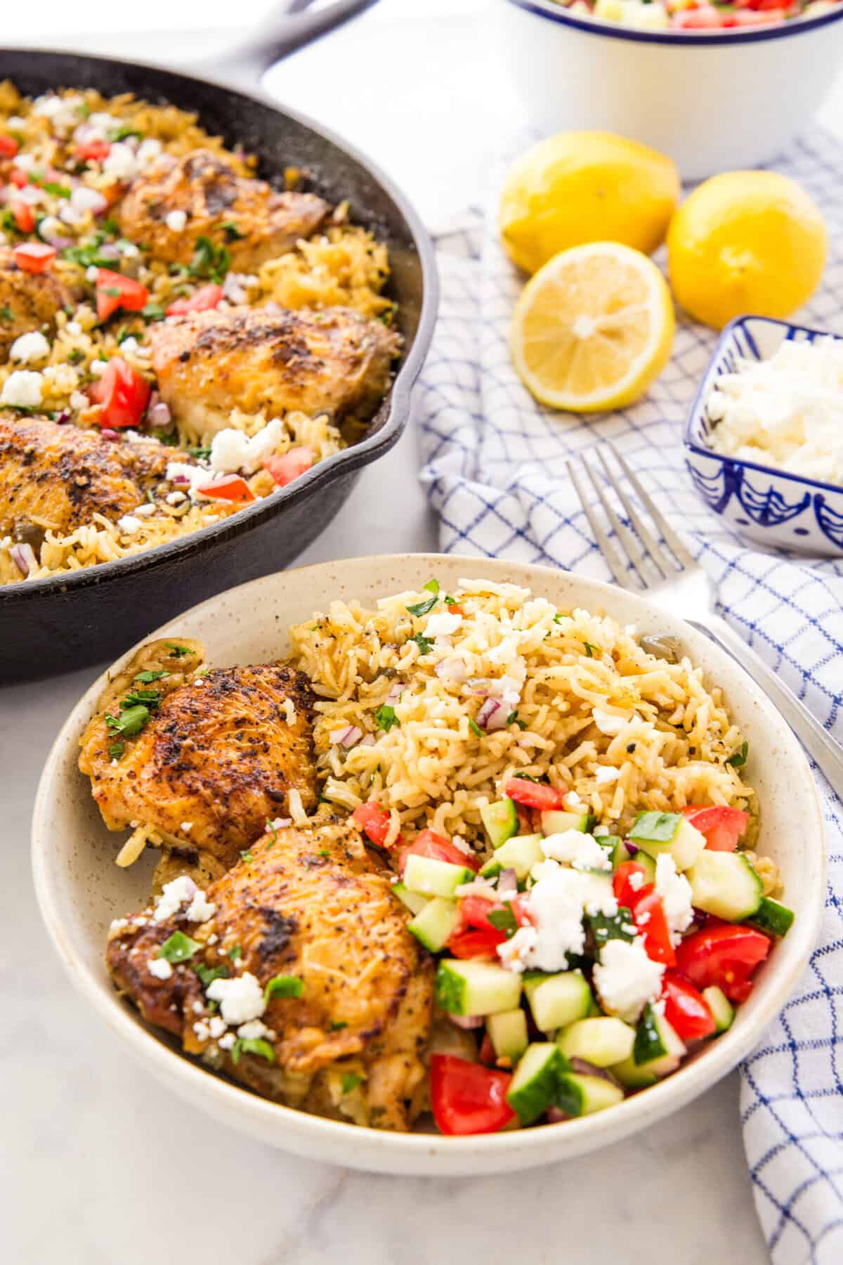 Greek chicken bowls with rice and Greek salad