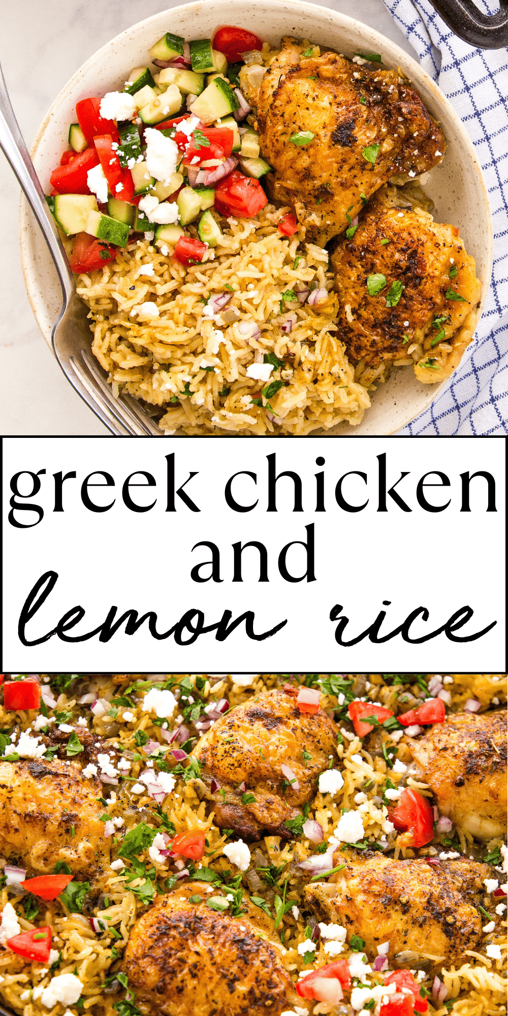 This Greek Chicken and Lemon Rice recipe is an easy meal that's fresh & full of flavour! An easy greek chicken recipe with lemon rice, made in one pan! Recipe from thebusybaker.ca! #greekchicken #lemonrice #easymeal #mealplan #mealprep #weeknightmeal #easymealidea #chickenandrice via @busybakerblog