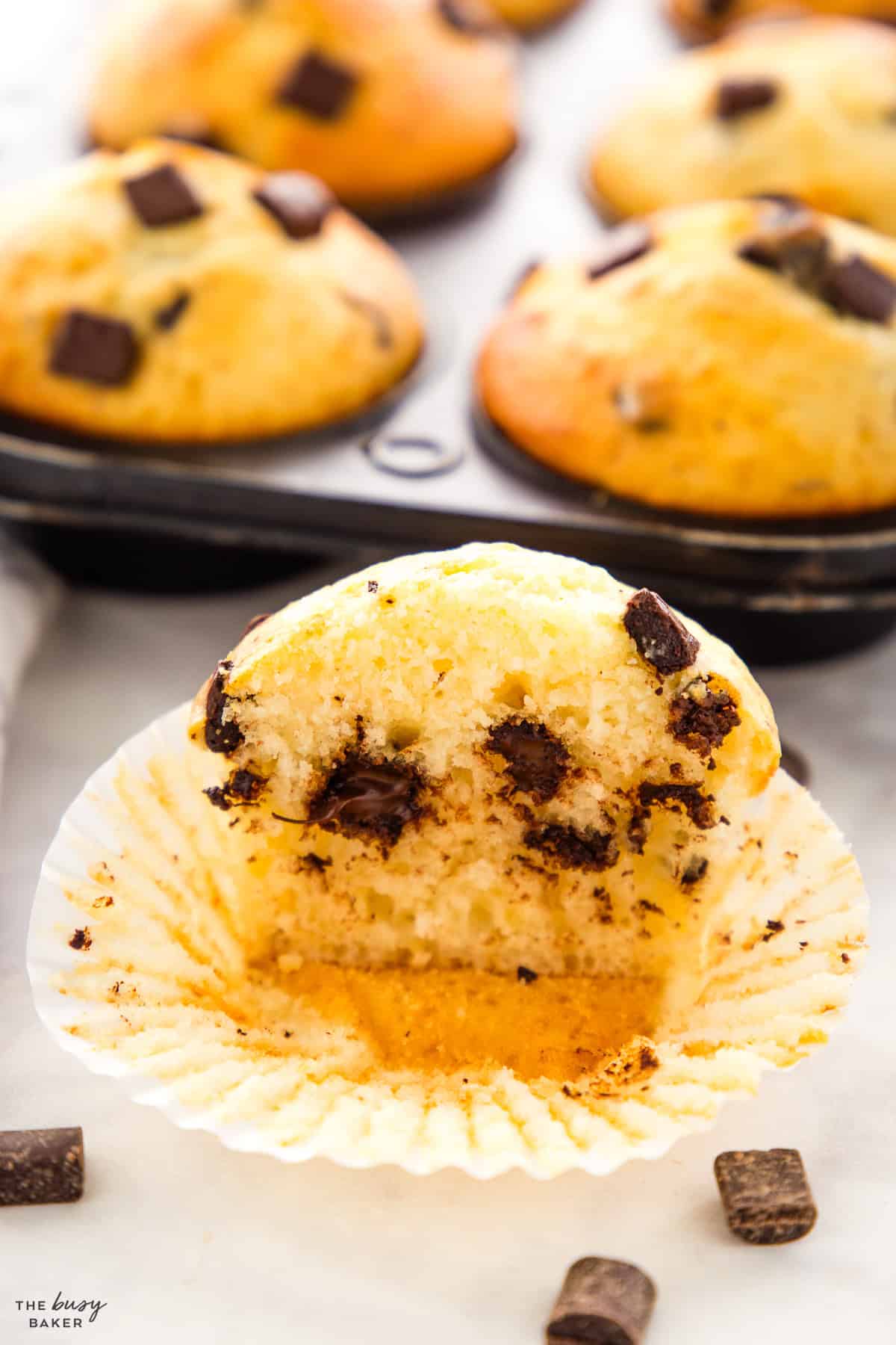 cross section of a greek yogurt muffin with chocoate chunks