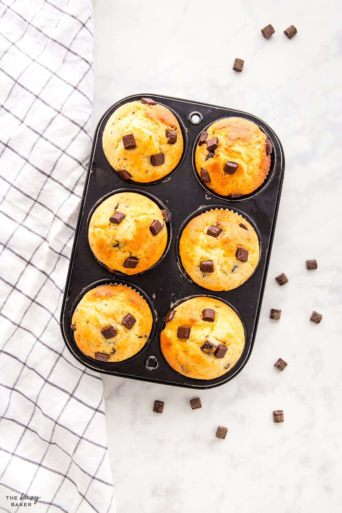 overhead image: chocolate chip muffins with greek yogurt