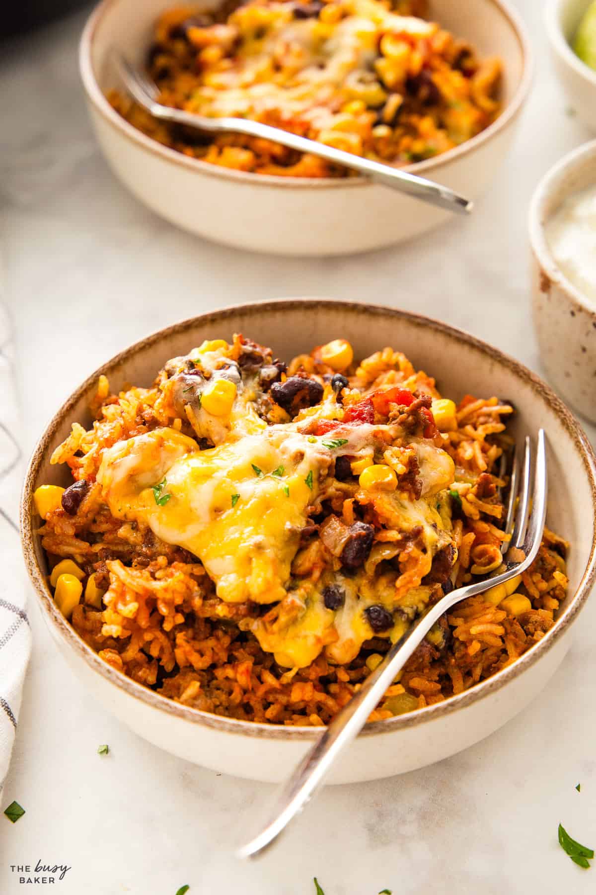Mexican rice in. a bowl with veggies and cheese