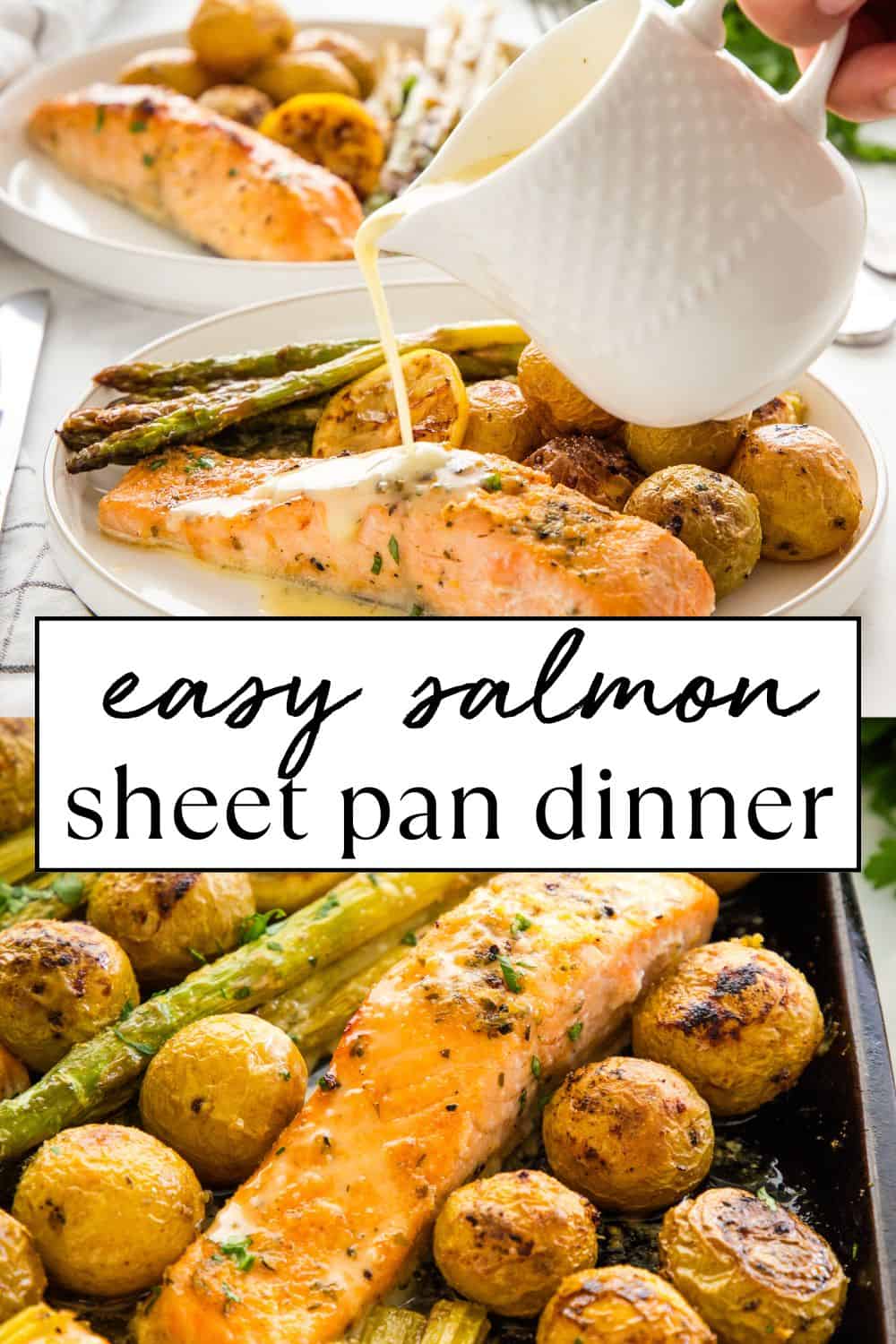 This Salmon Sheet Pan Dinner is an easy baked salmon recipe with potatoes & asparagus, and a creamy lemon butter sauce. Learn how to bake sheet pan salmon and veggies for the BEST easy meal - ready in 45 minutes! Recipe from thebusybaker.ca! #sheetpandinner #salmon #salmonrecipe #sheetpandinnerrecipe #mealprep #mealplan #mealplanning #easydinner #weeknightmeal #easymeal #easydinner #lemonbuttersauce #howtobakesalmon #bakedsalmon #howlongtobakesalmon #bakedsalmonrecipe via @busybakerblog