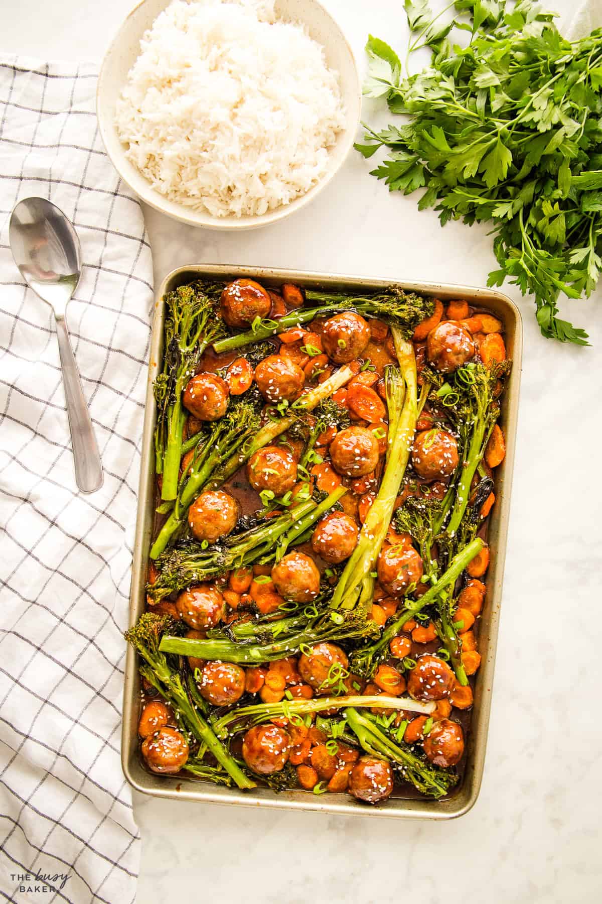 overhead image: sheet pan dinner with meatballs and veggies