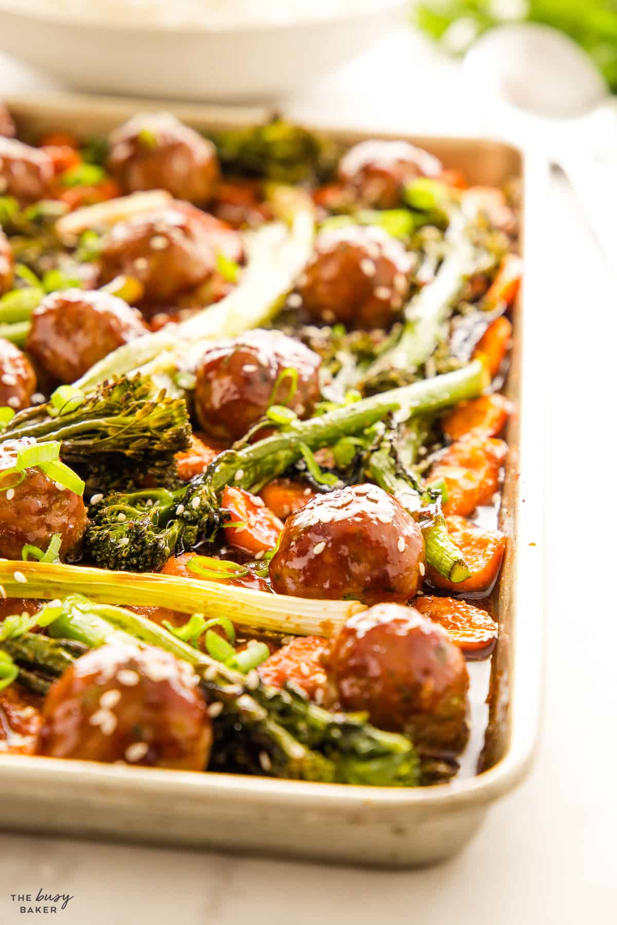 sheet pan dinner with meatballs and veggies