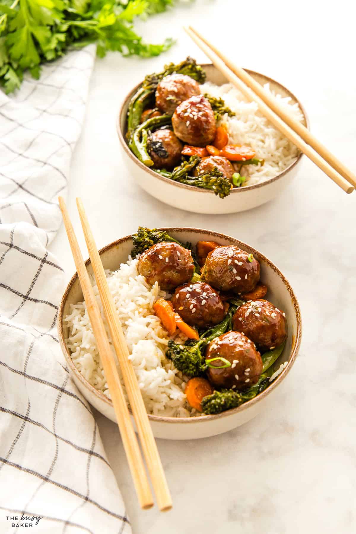 bowl with rice, veggies and meatballs with teriyaki sauce
