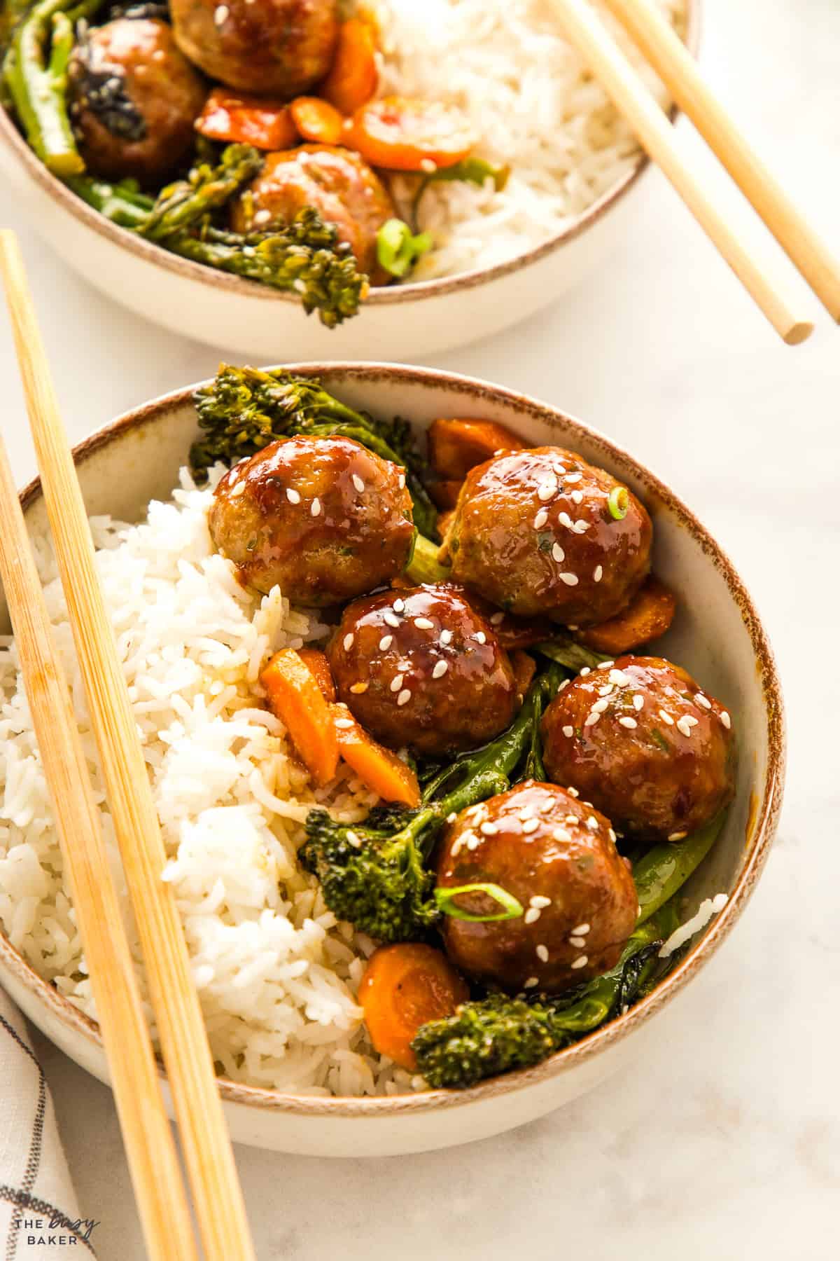 bowl with rice, veggies and teriyaki meatballs