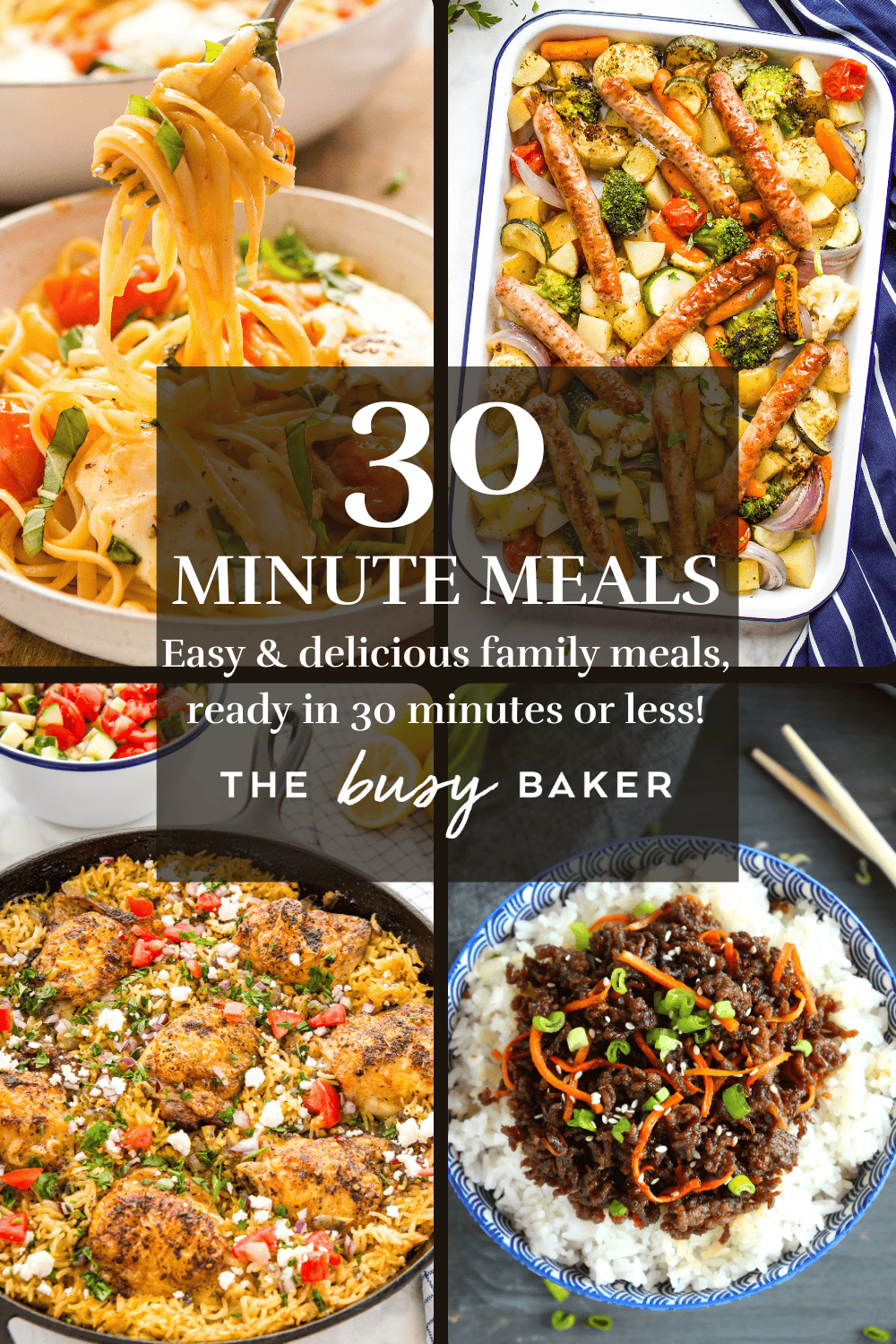 25 delicious and EASY dinner ideas you can make in 30 minutes or less! Budget-friendly, quick and easy meals you'll love! Whether you’re looking for sheet pan dinners, one pot pastas, rice bowls, stir fry recipes, or other easy all-in-one meals, we’ve DEFINITELY got the 30 minute recipe you’re looking for!! Recipe from thebusybaker.ca! #30minutemeals #easymeals #mealtime #familymeal #mealplan #mealprep #mealplanning #easymeal #dinner #easymealrecipe #easyrecipe #reciperoundup via @busybakerblog