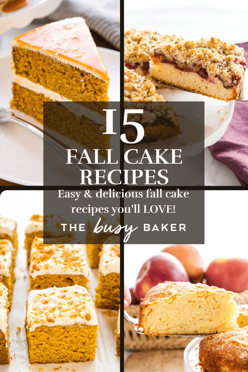 When the leaves fall and the temperatures drop, cake is ALWAYS on the menu. Think pumpkin, apple, or spices; moist layers, streusel, bundt cakes, loaf cakes & more. This collection of Fall Cake Recipes has it all! We’ve DEFINITELY got the fall cake recipe you’re looking for!! Recipes from thebusybaker.ca! #fallcakes #falldesserts #fallcakerecipes #fall #autumnrecipes #pumpkin #apple #pear #cakes #easybakingrecipes via @busybakerblog