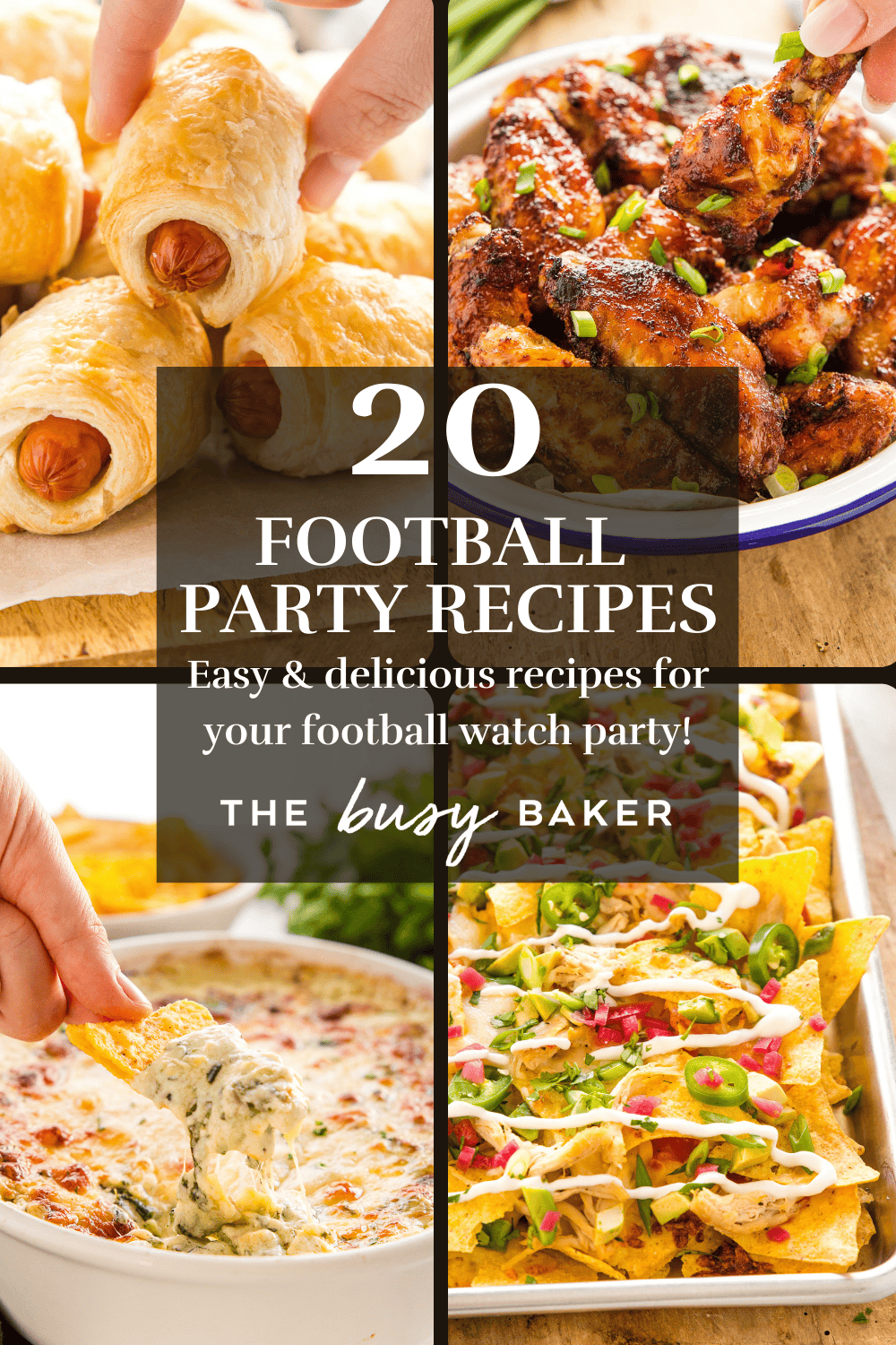 These Football Party Food Recipes are the BEST easy and delicious recipes for a game day crowd! Everything from homemade nachos and chicken wings, to small bite appetizers, cold and warm dips. Recipes from thebusybaker.ca! #football #footballparty #partyrecipes #partyappetizers via @busybakerblog
