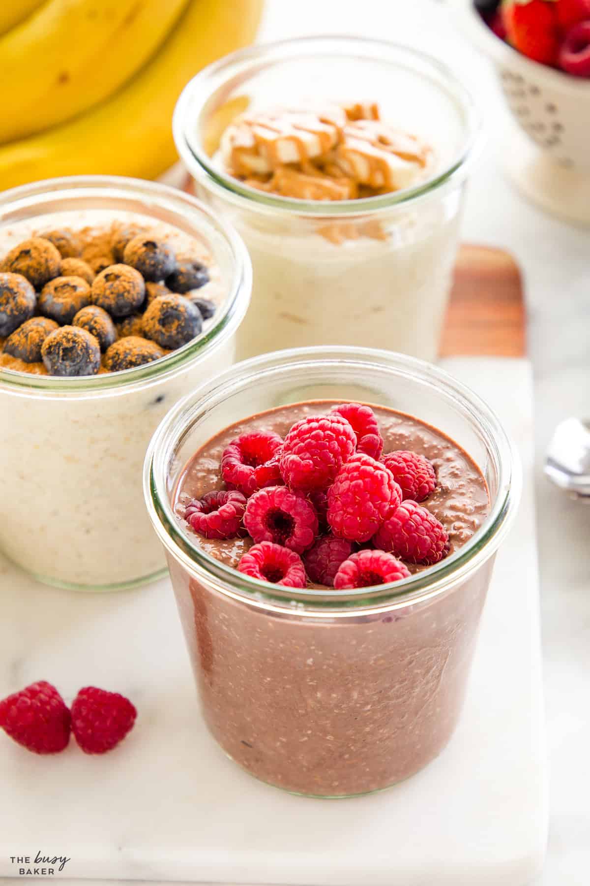 chocolate overnight oats with raspberries