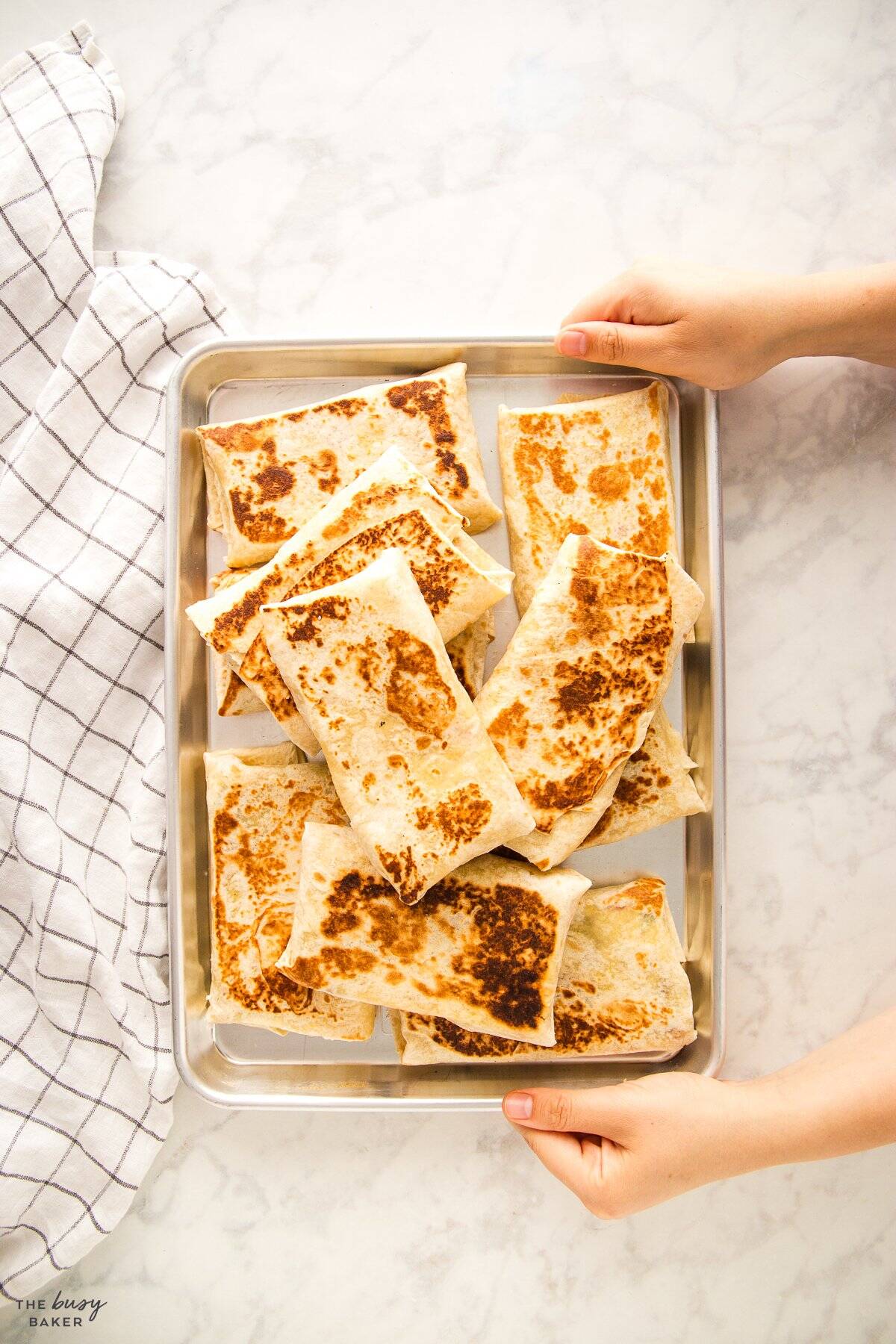 sheet pan with breakfast burritos