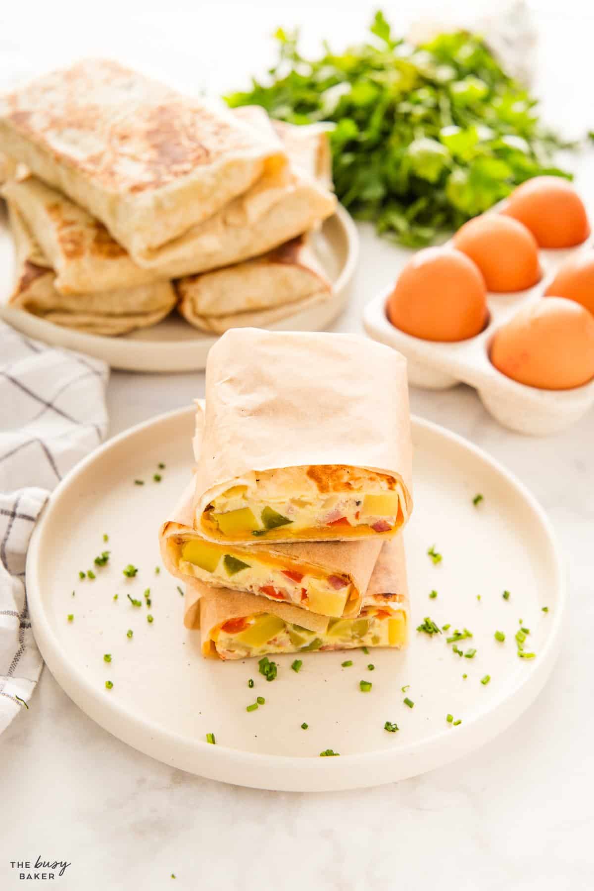 stack of breakfast burritos