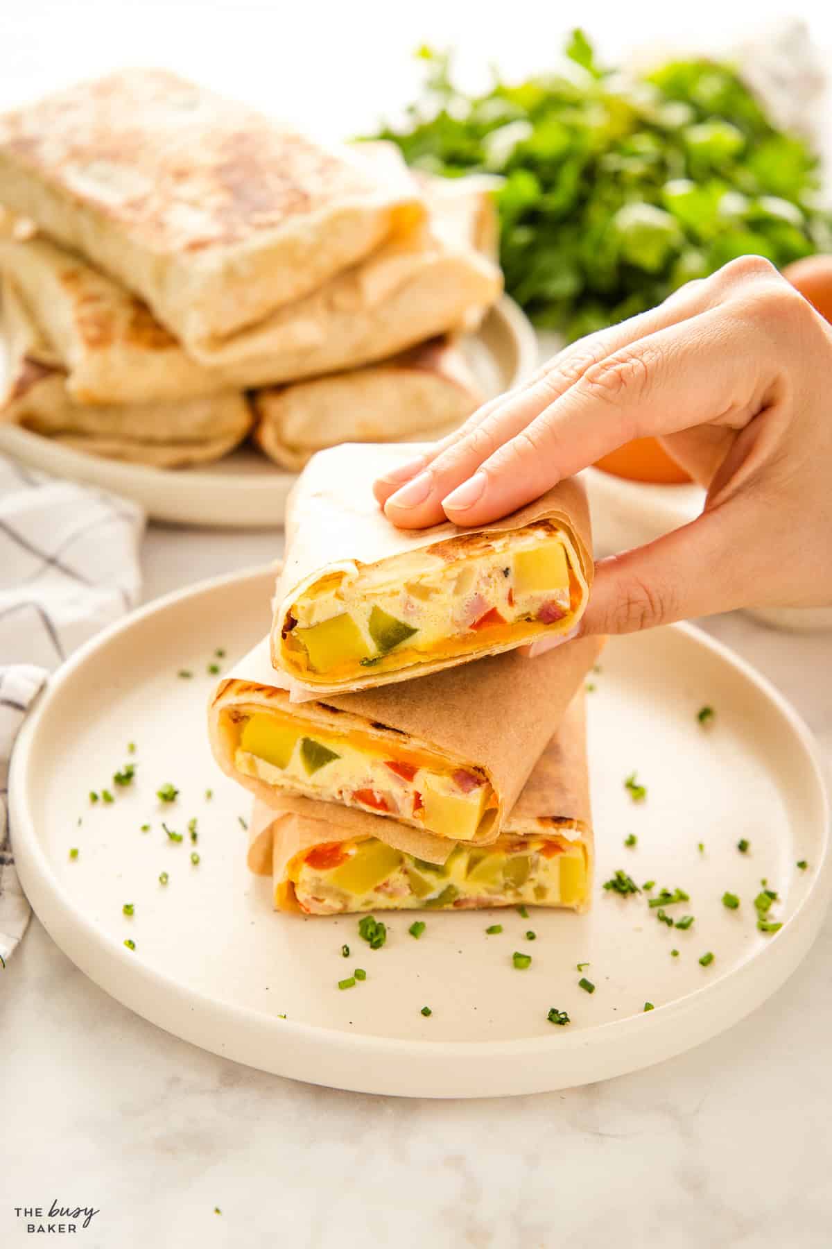 hand reaching for a breakfast burrito