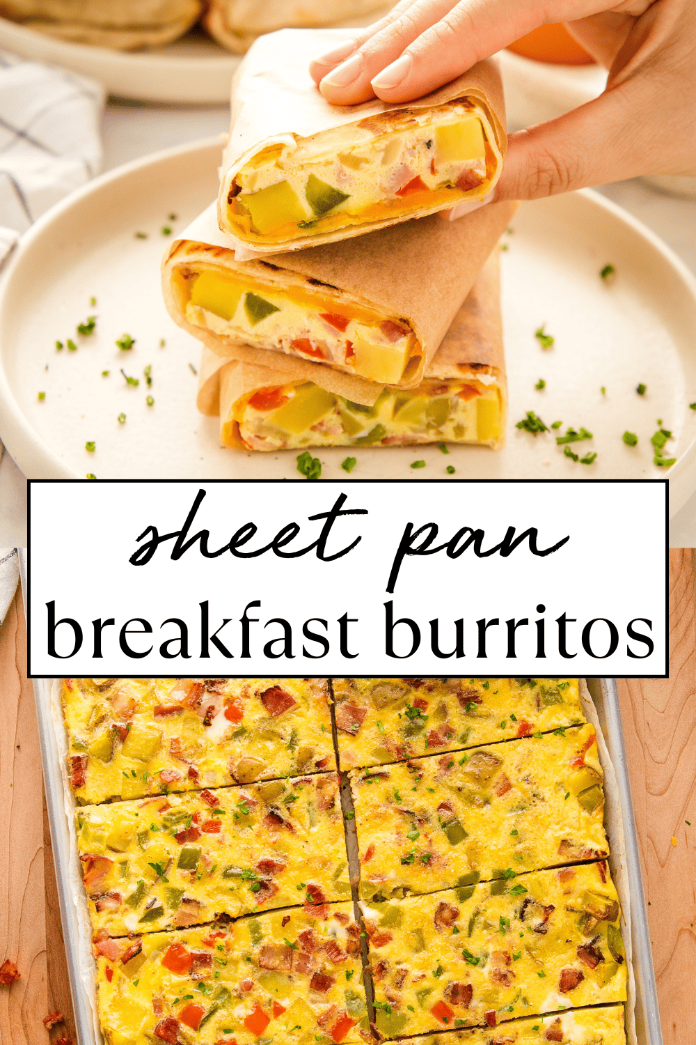 These Sheet Pan Breakfast Burritos are the BEST easy meal prep breakfast burritos - freezer-friendly and easy to make ahead! Recipe from thebusybaker.ca! #sheetpanbreakfastburritos #easymakeaheadburritos #easybreakfast #proteinbreakfast #healthybreakfast #highproteinbreakfast #mealprepbreakfast via @busybakerblog