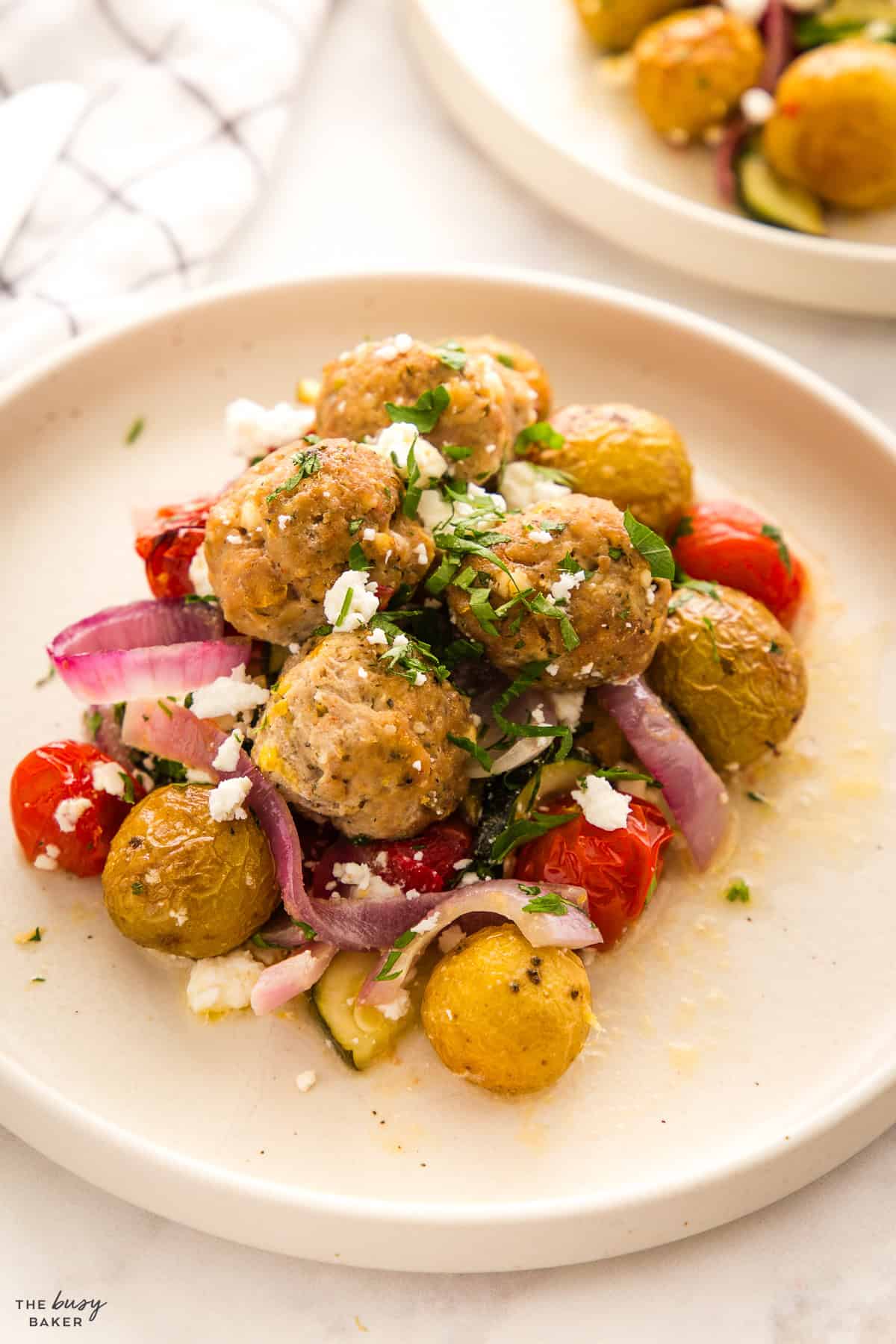 chicken meatballs with potatoes and veggies