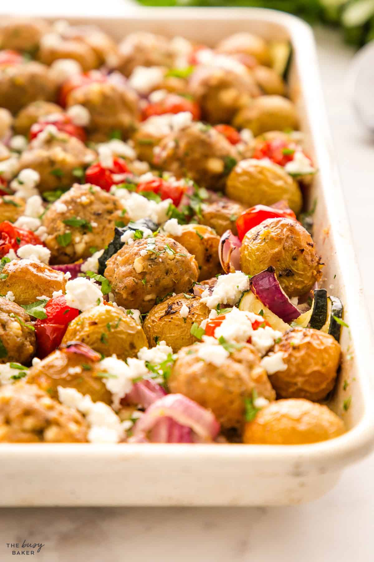 meatballs sheet pan dinner with potatoes and veggies
