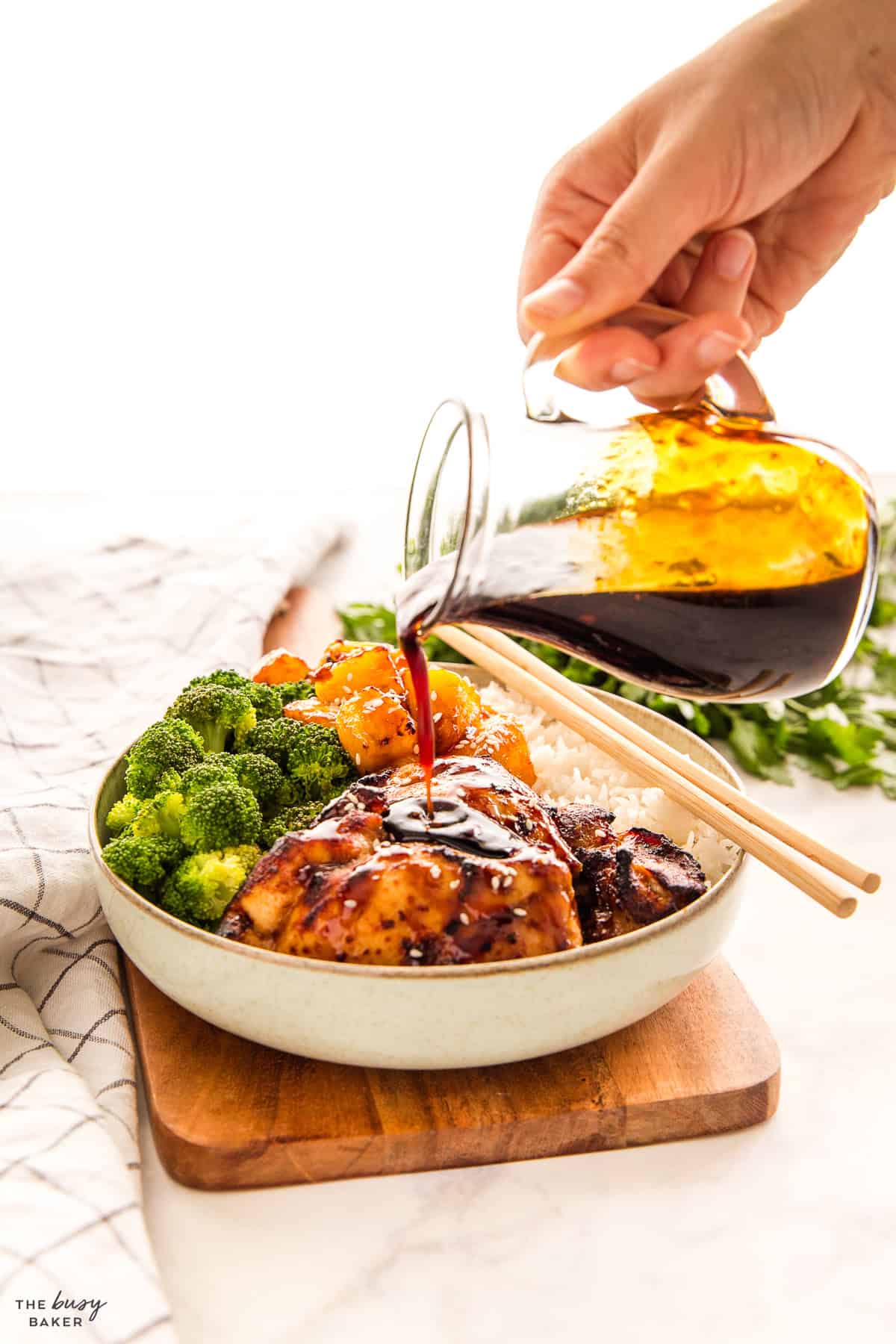 teriyaki sauce with chicken, broccoli rice and pineapple