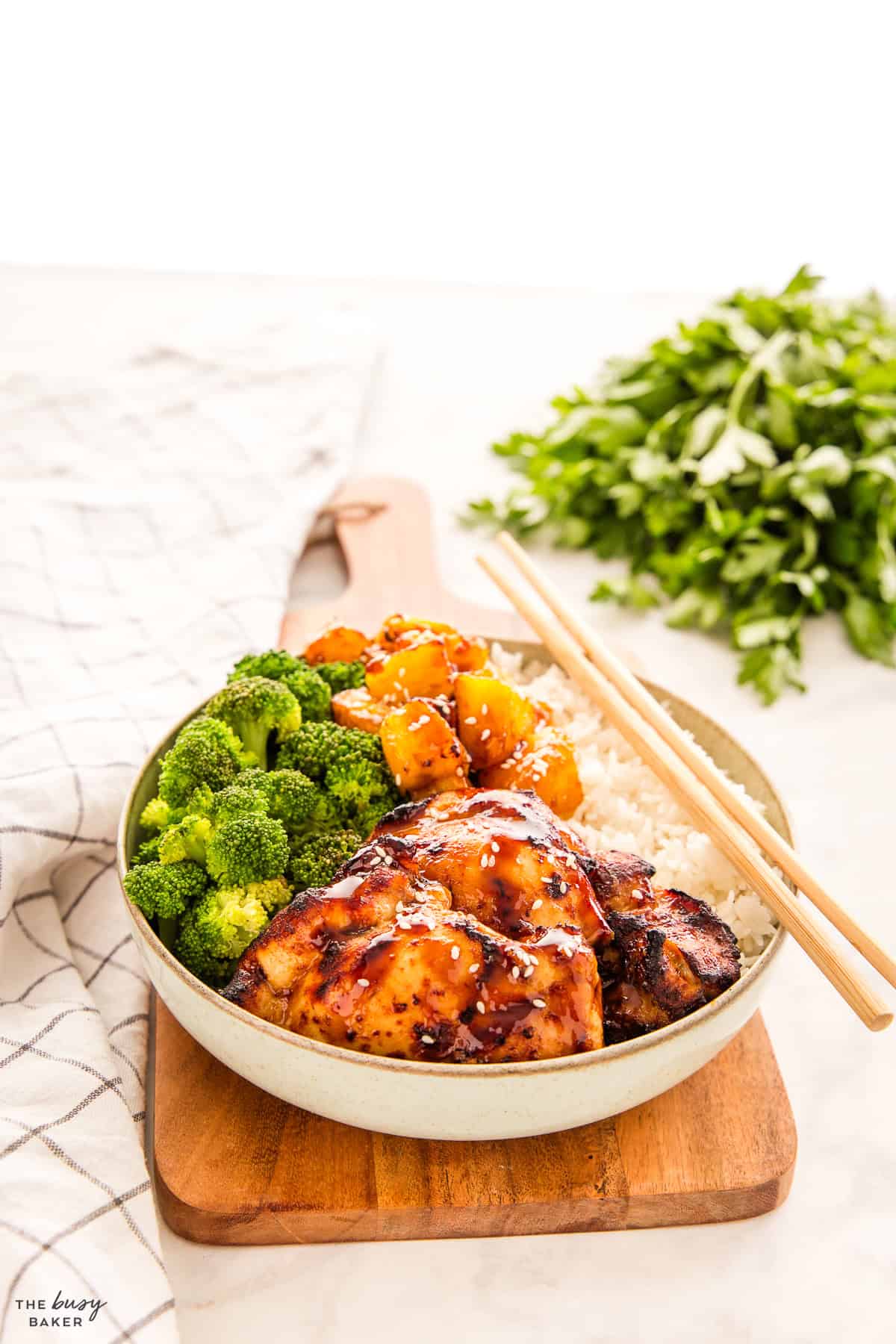 chicken teriyaki bowl with rice and pineapple