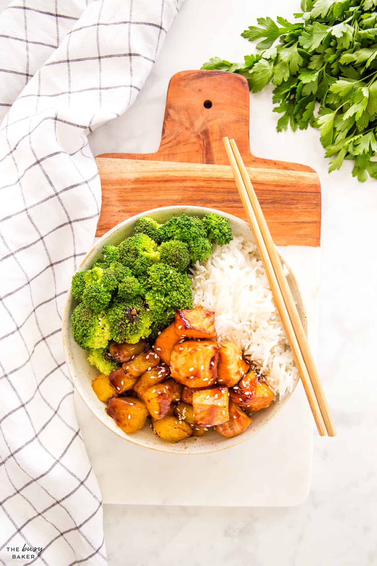 overhead image: teriyaki salmon with rice and broccoli
