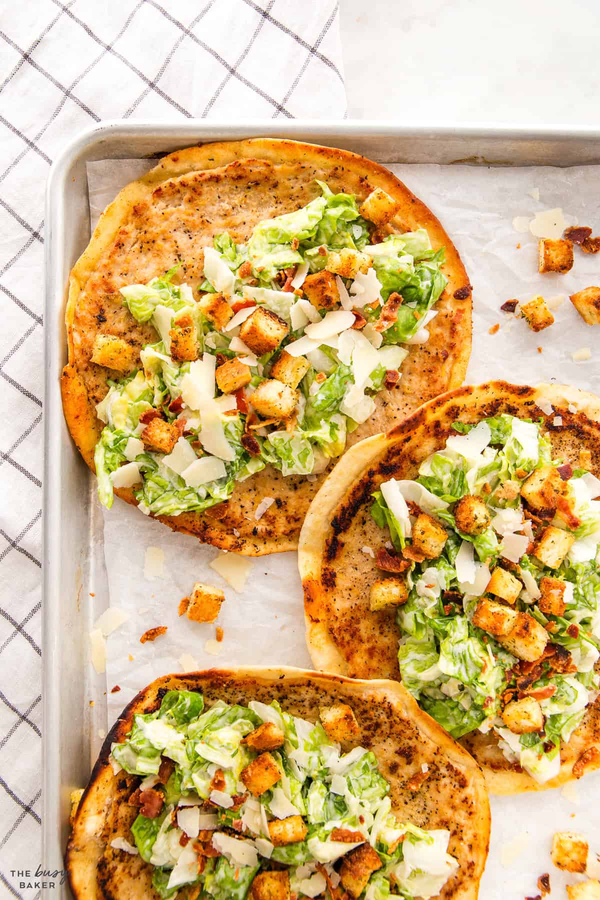 overhead image: chicken caesar smash tacos