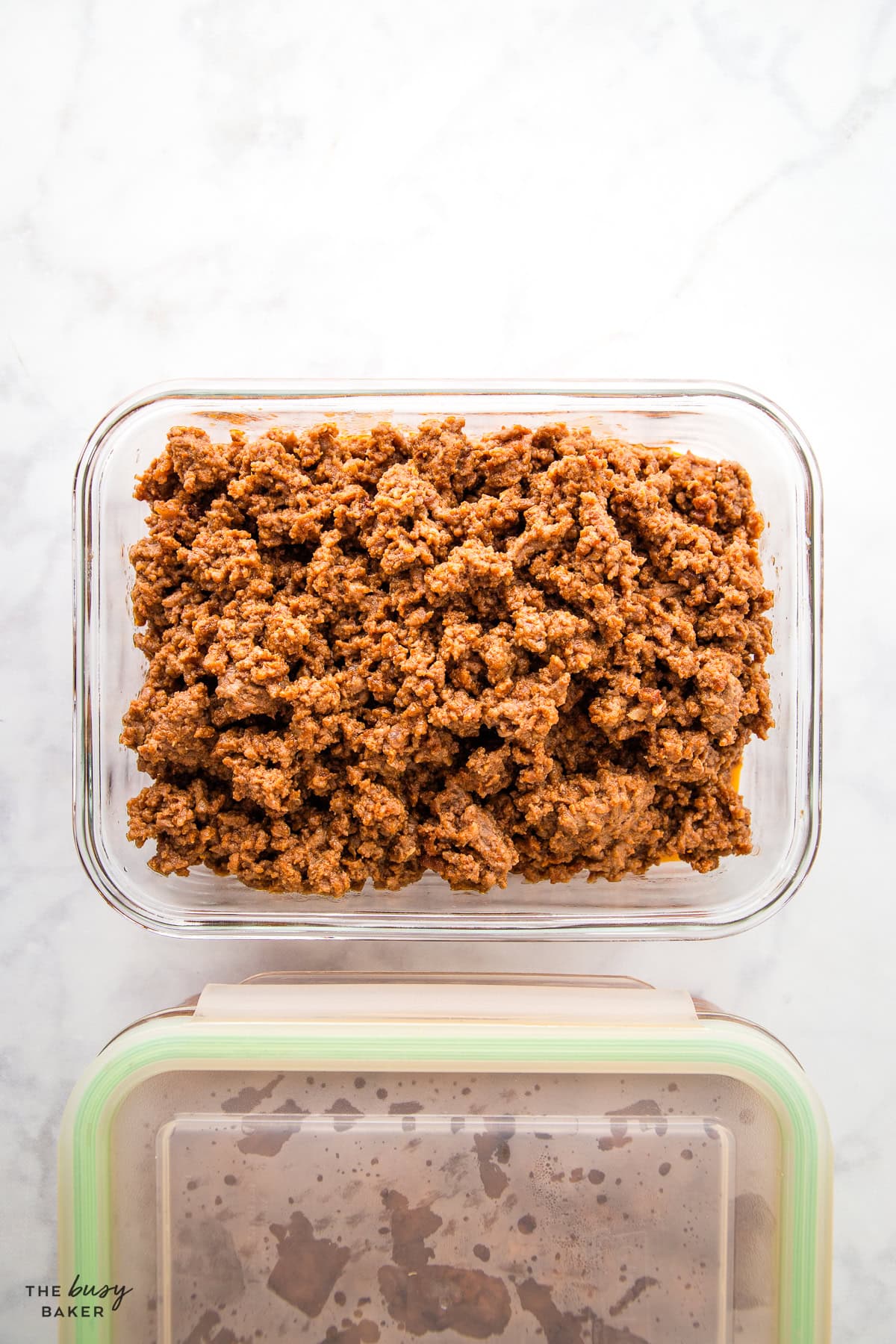 meal prep containers with beef taco meat