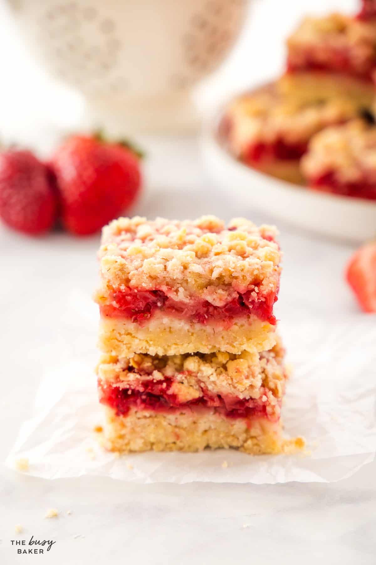 stack of oat bars made with fresh strawberries