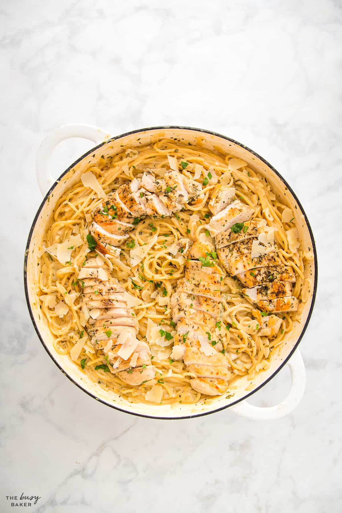 overhead image: one pan garlic parmesan pasta