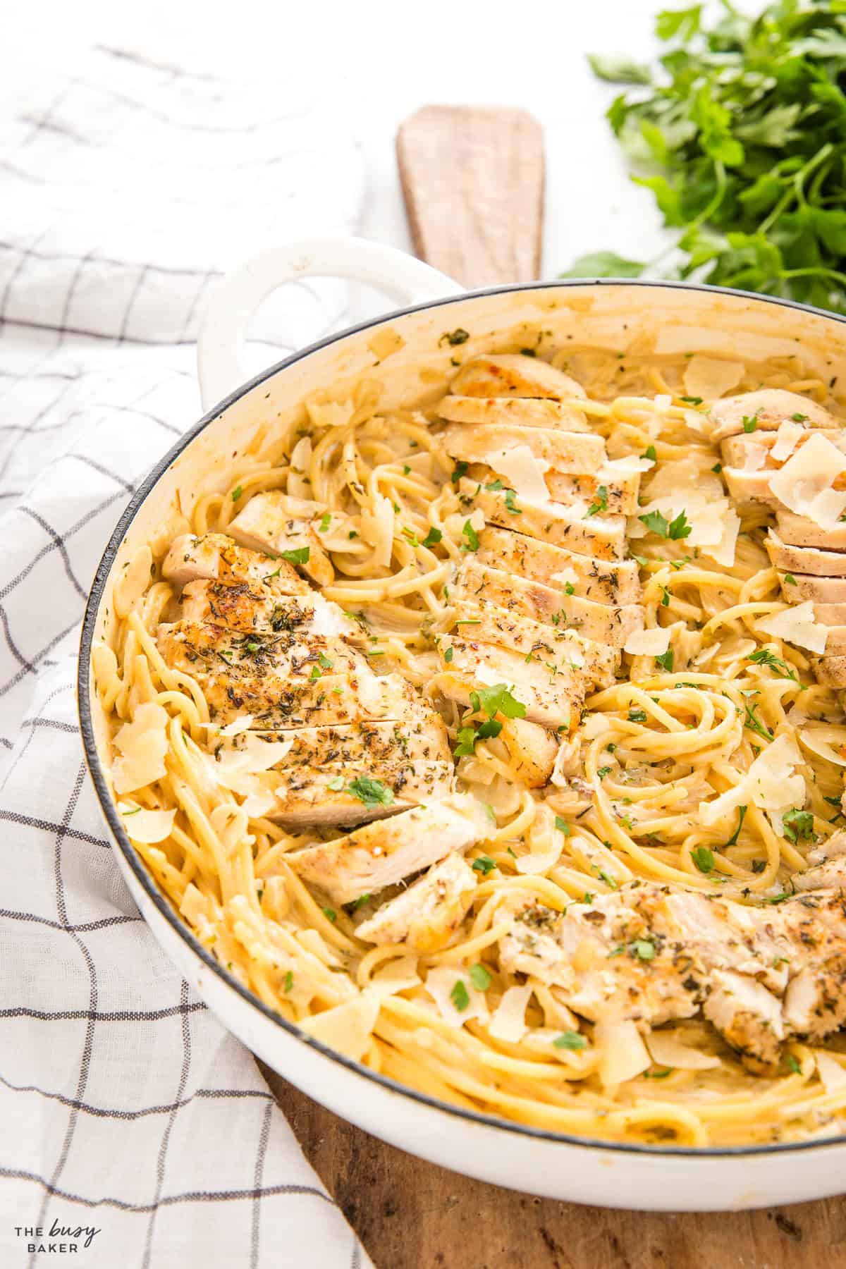 pan of chicken, pasta and garlic parmesan sauce