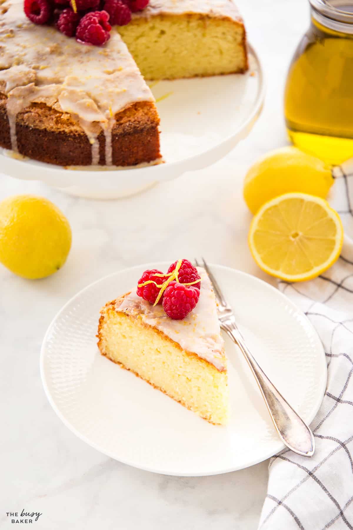 slice of olive oil cake on a white plate 
