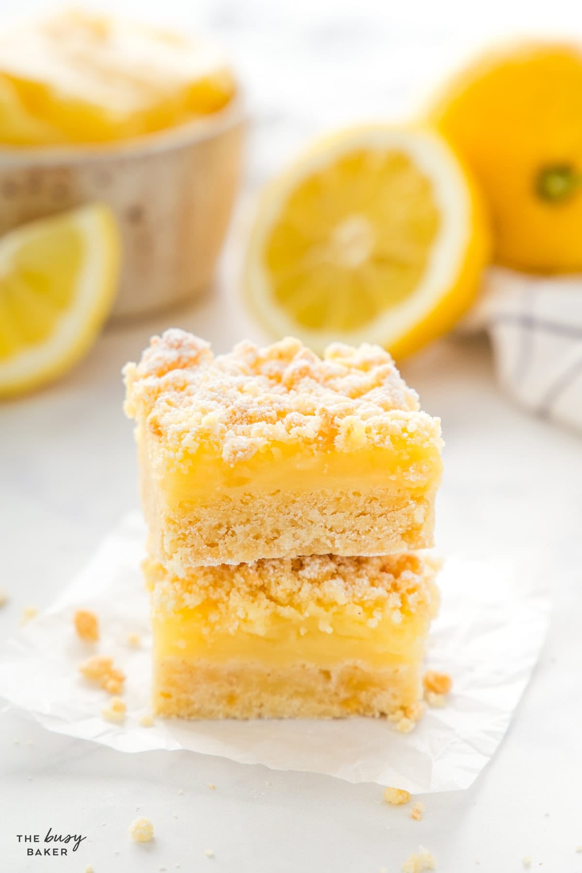 lemon crumb bars in a small stack