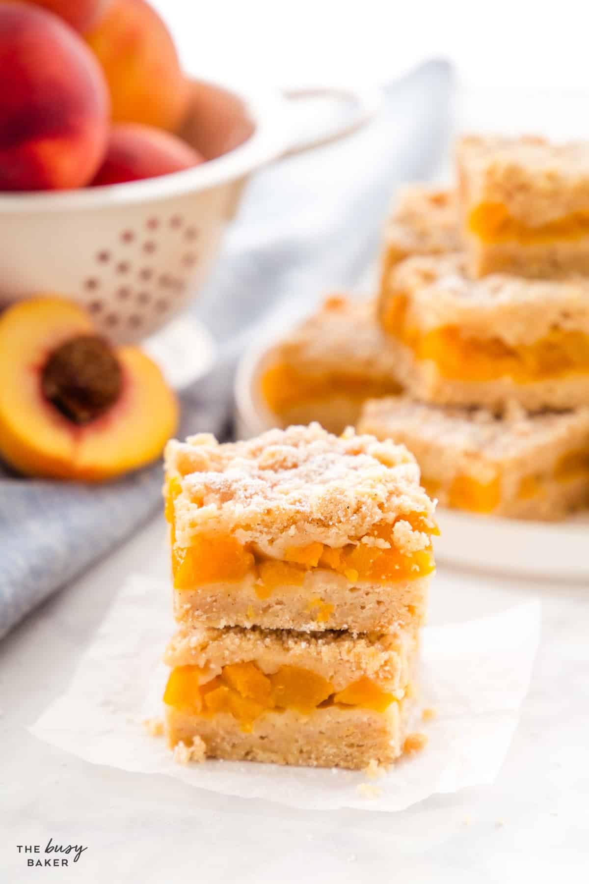 small stack of peach crumble bars
