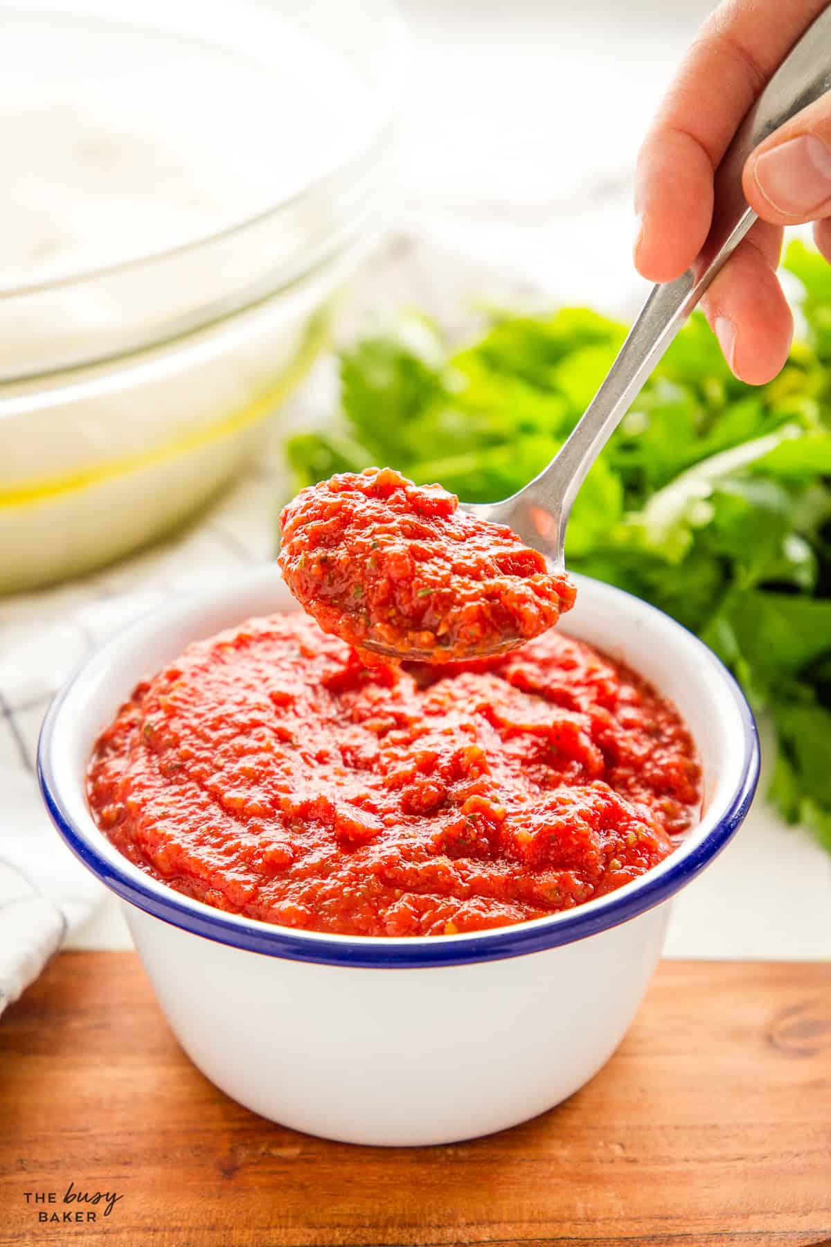 hand holding a ladle of fresh homemade pizza sauce