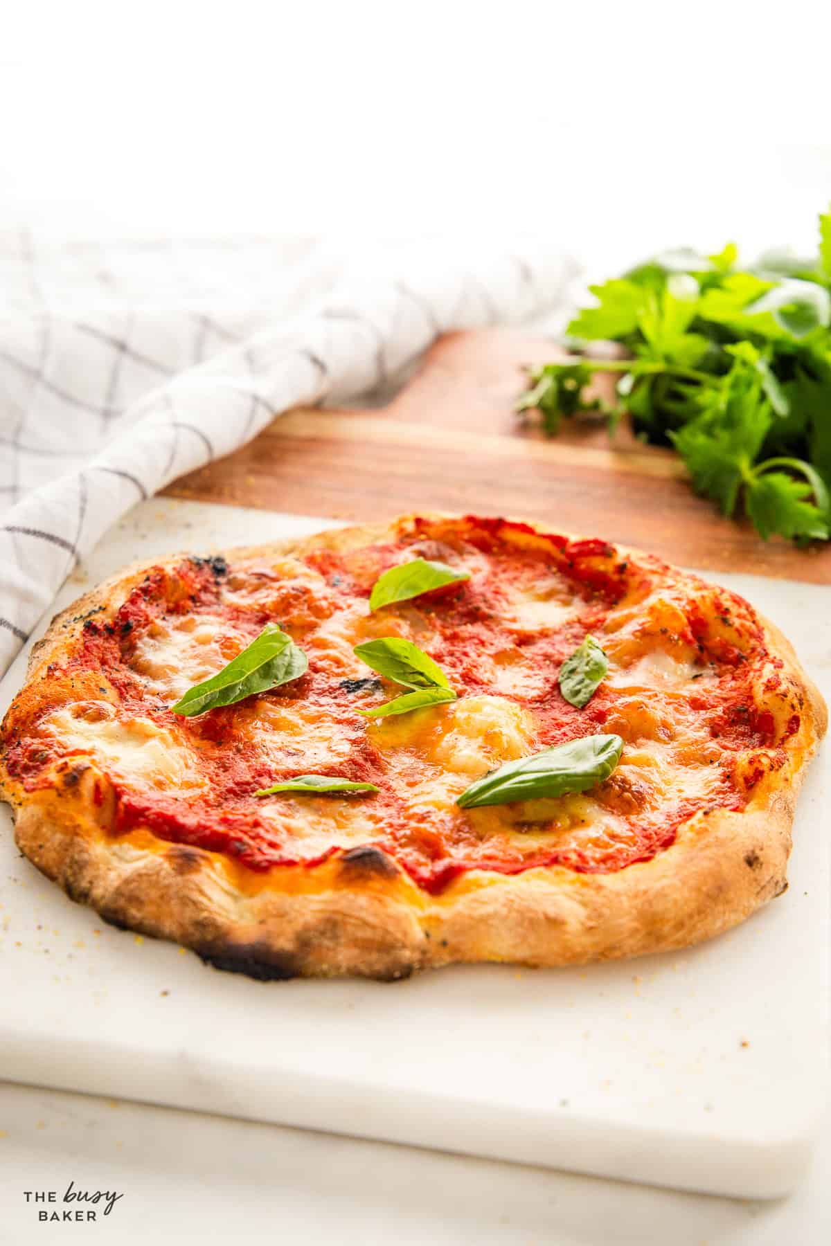 a wood fired homemade margherita pizza with fresh sauce and fresh basil