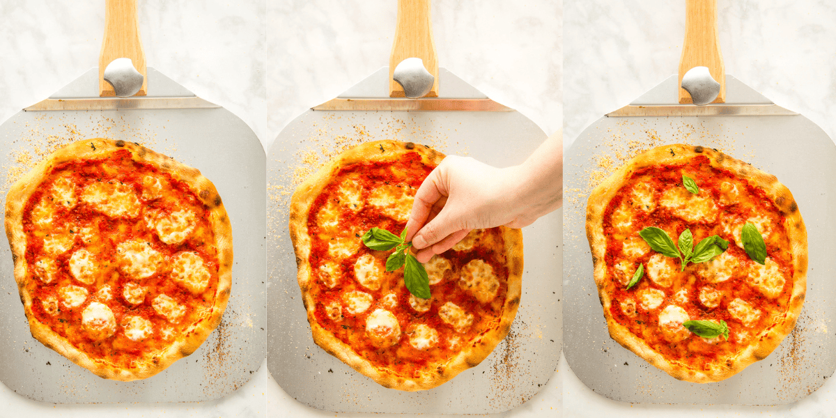 margherita pizza on a pizza peel collage