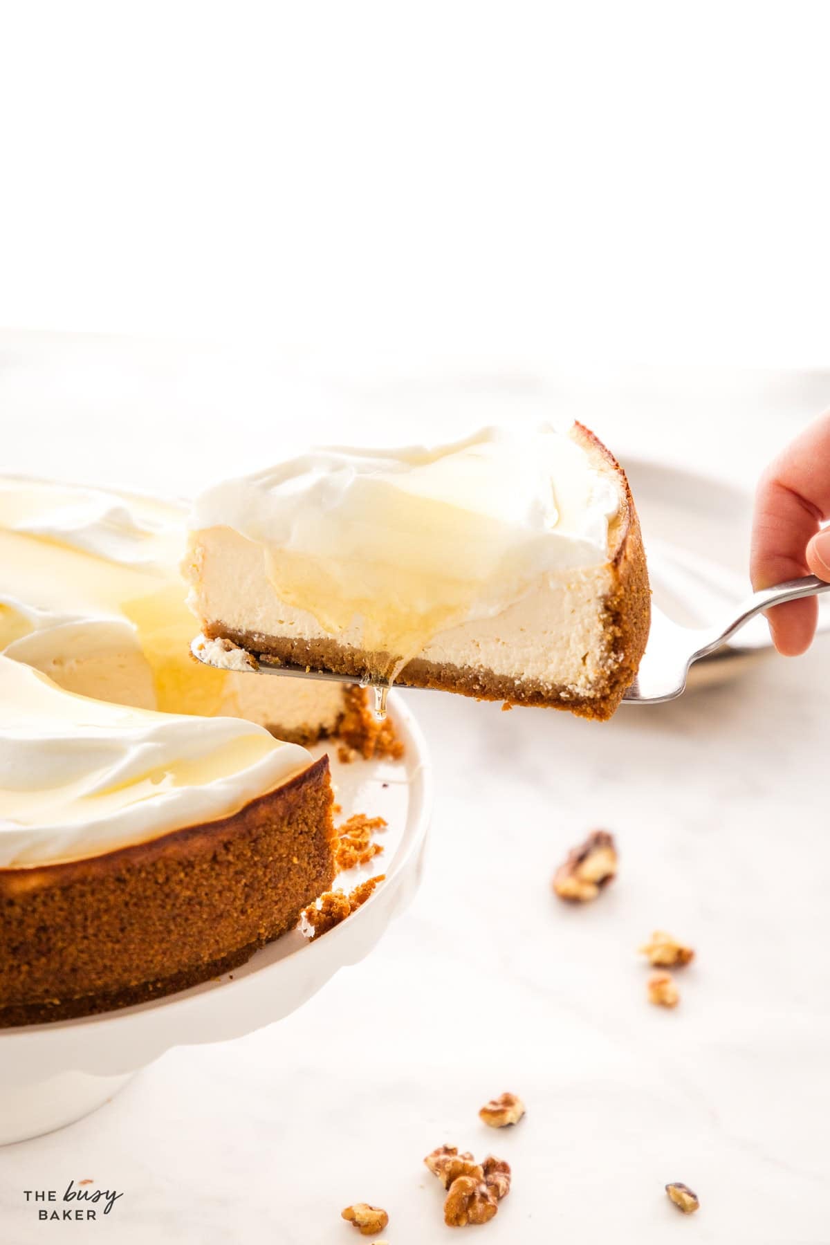 Healthy Greek yogurt cheesecake topped with whipped cream, honey, and walnuts on a white cake stand