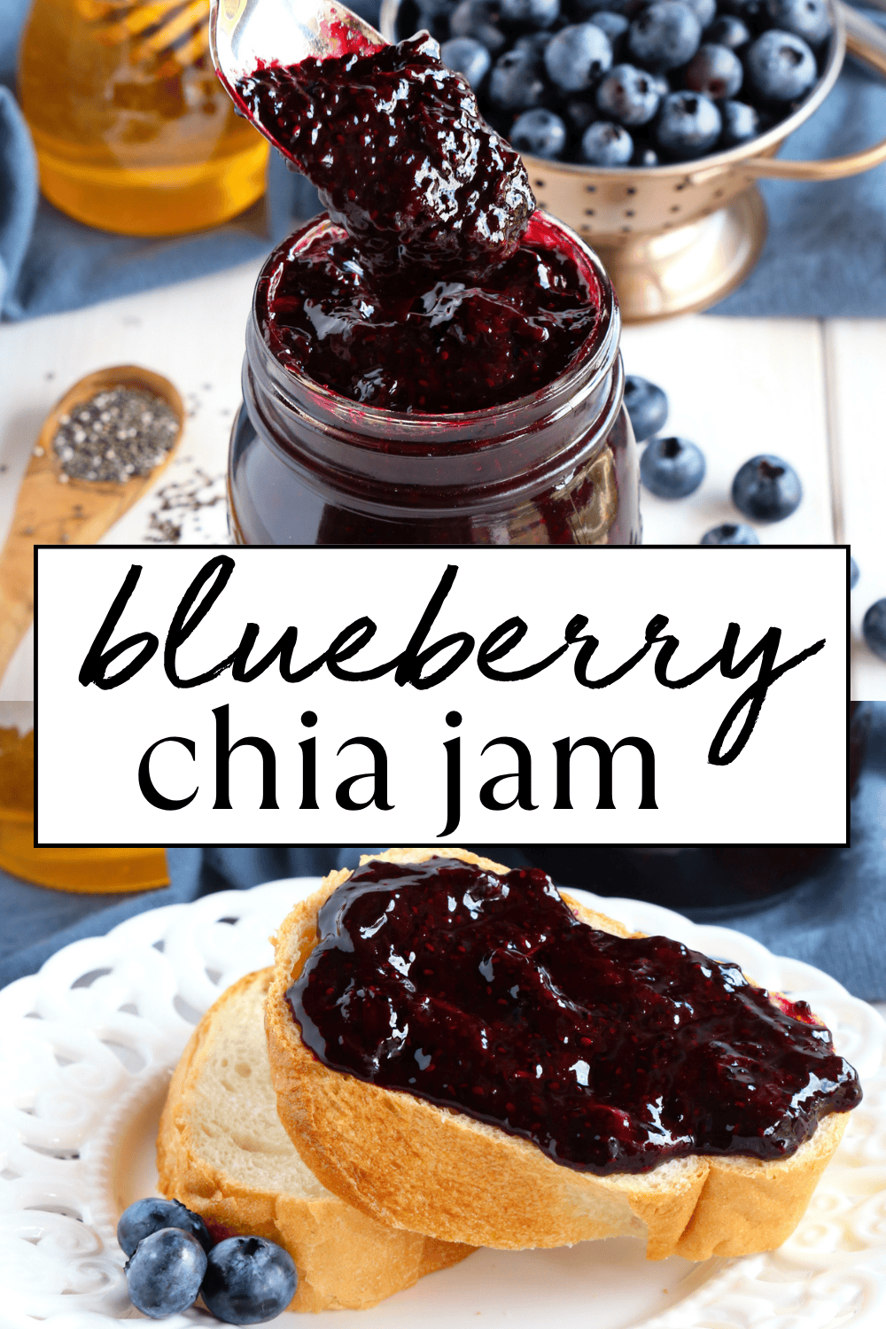 This easy blueberry chia jam is made with just 3 ingredients and no pectin or refined sugar. Healthy, naturally sweetened, and ready in about 20 minutes. Recipe from thebusybaker.ca! #chiaseedjam #chiaseed #blueberry #jam #homemade #easyrecipe #recipevideo #canning #preserving via @busybakerblog